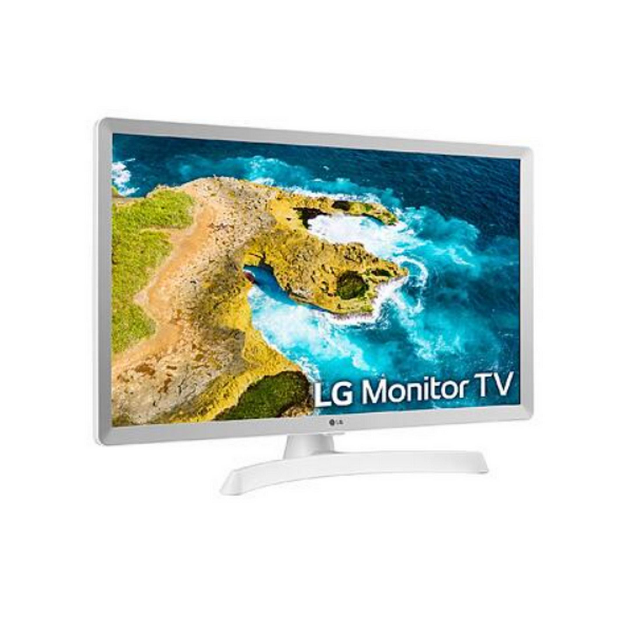 Un monitor LG bianco con un'immagine di una costa rocciosa e onde blu.