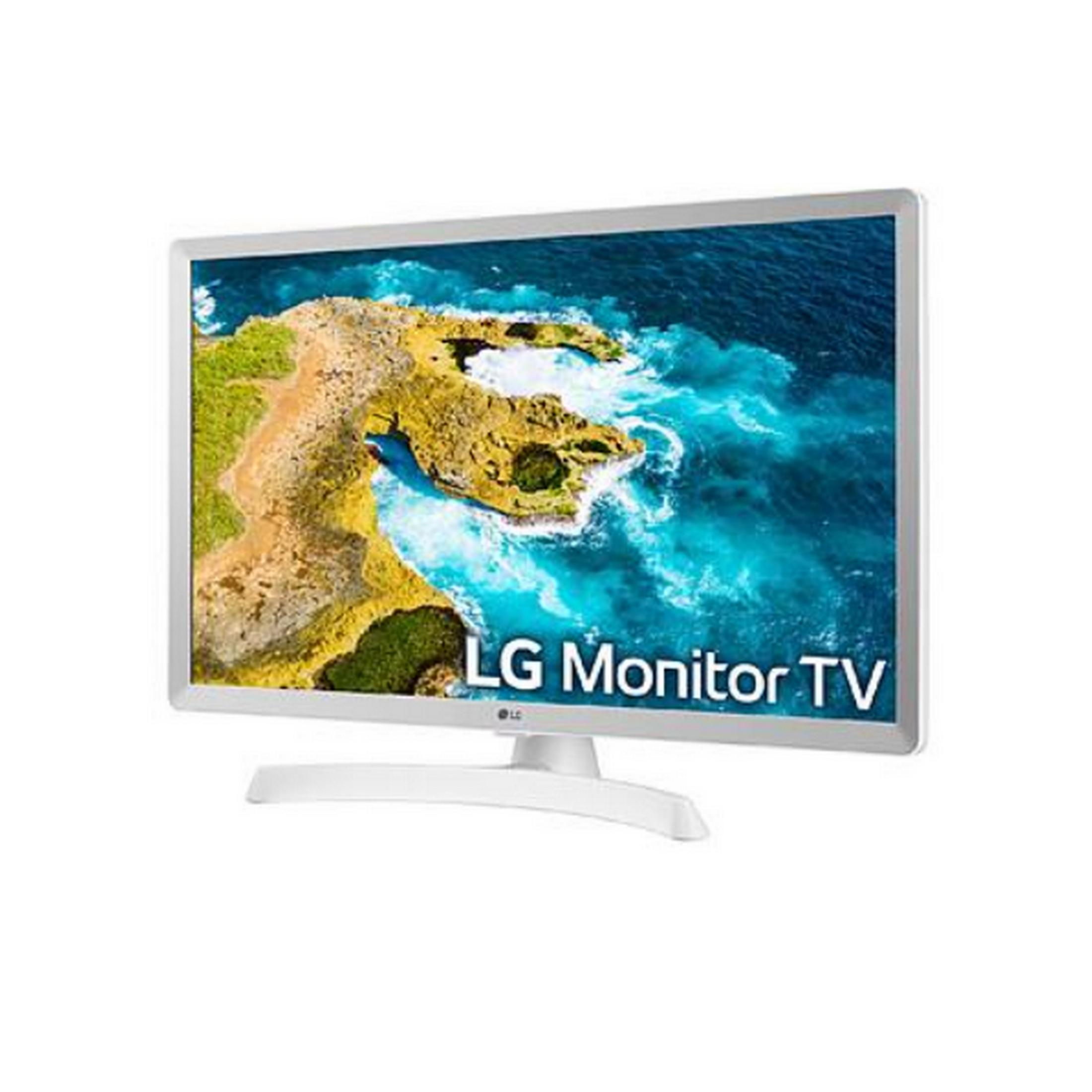 Un monitor LG bianco con un'immagine di una costa rocciosa con onde.
