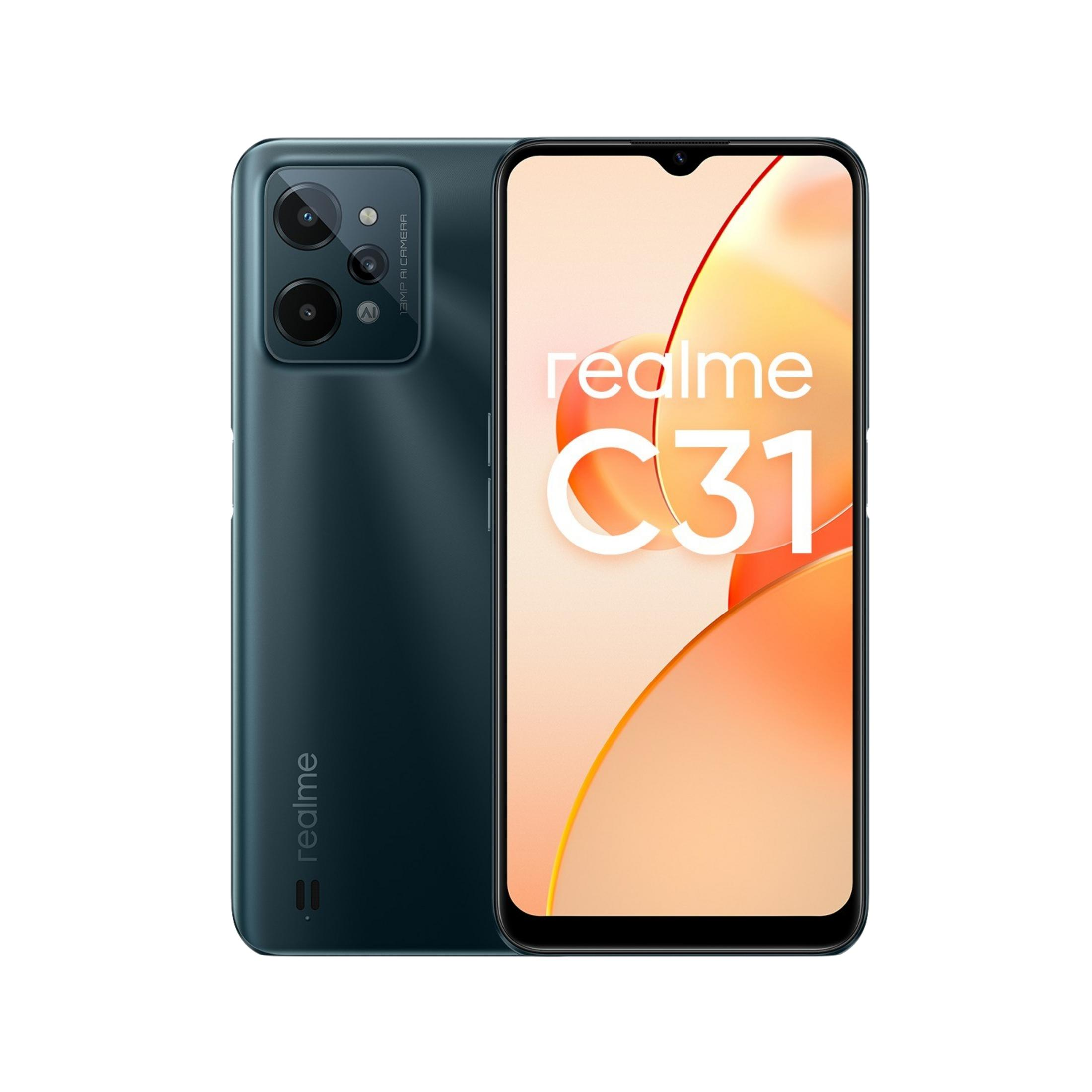 Smartphone Realme C31 blu scuro con tripla fotocamera e schermo mostra Realme C31.