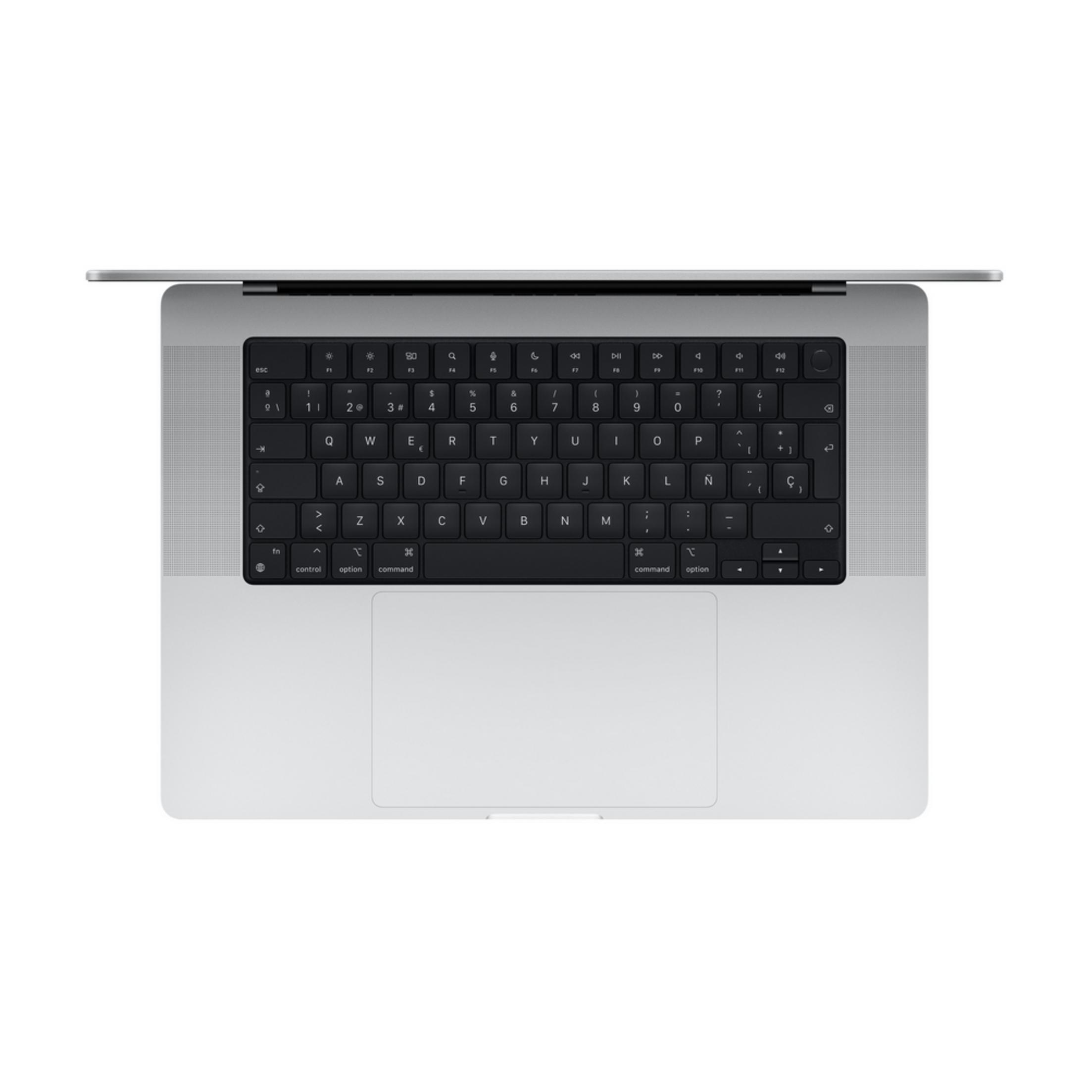 Un laptop argentato con coperchio aperto, vista tastiera.