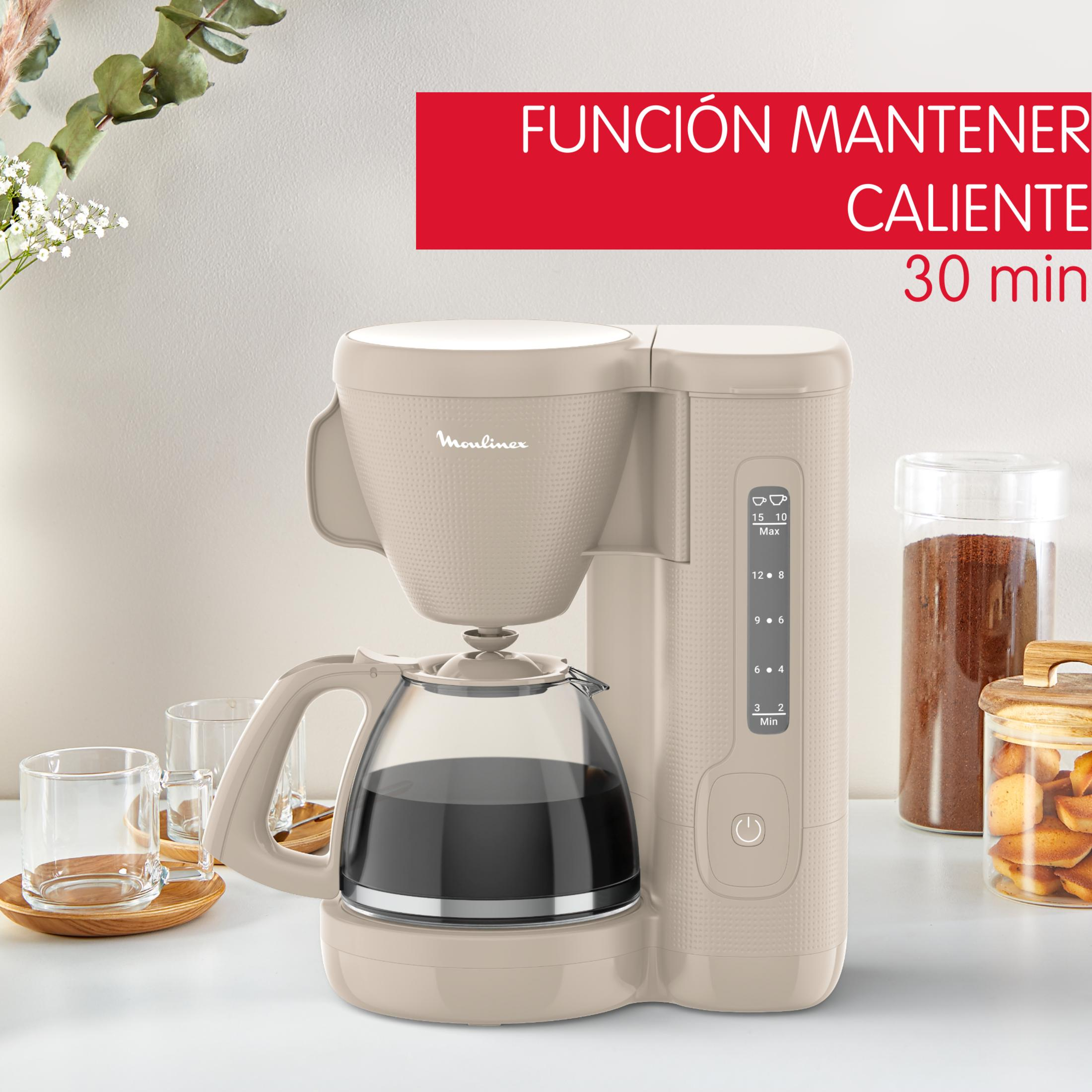 Cafetera beige con jarra de cristal, tazas y tarros. Mantiene caliente 30 min.