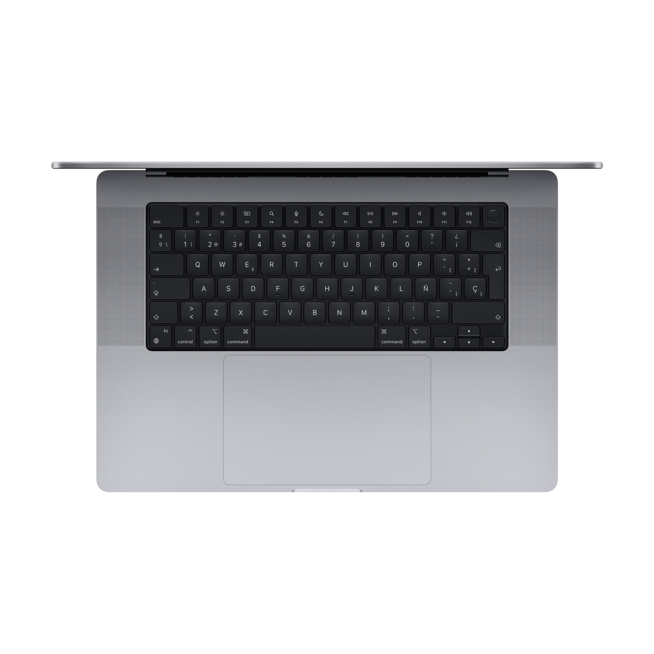 Un portátil plateado abierto, mostrando el teclado y el trackpad sobre fondo blanco.