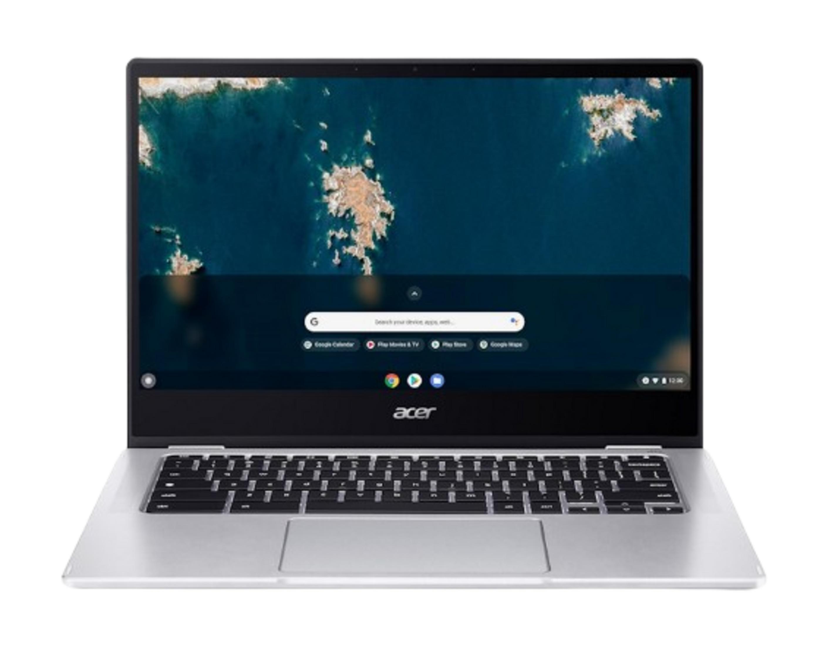 Un portátil plateado Acer abierto que muestra una vista de mapa en su pantalla.