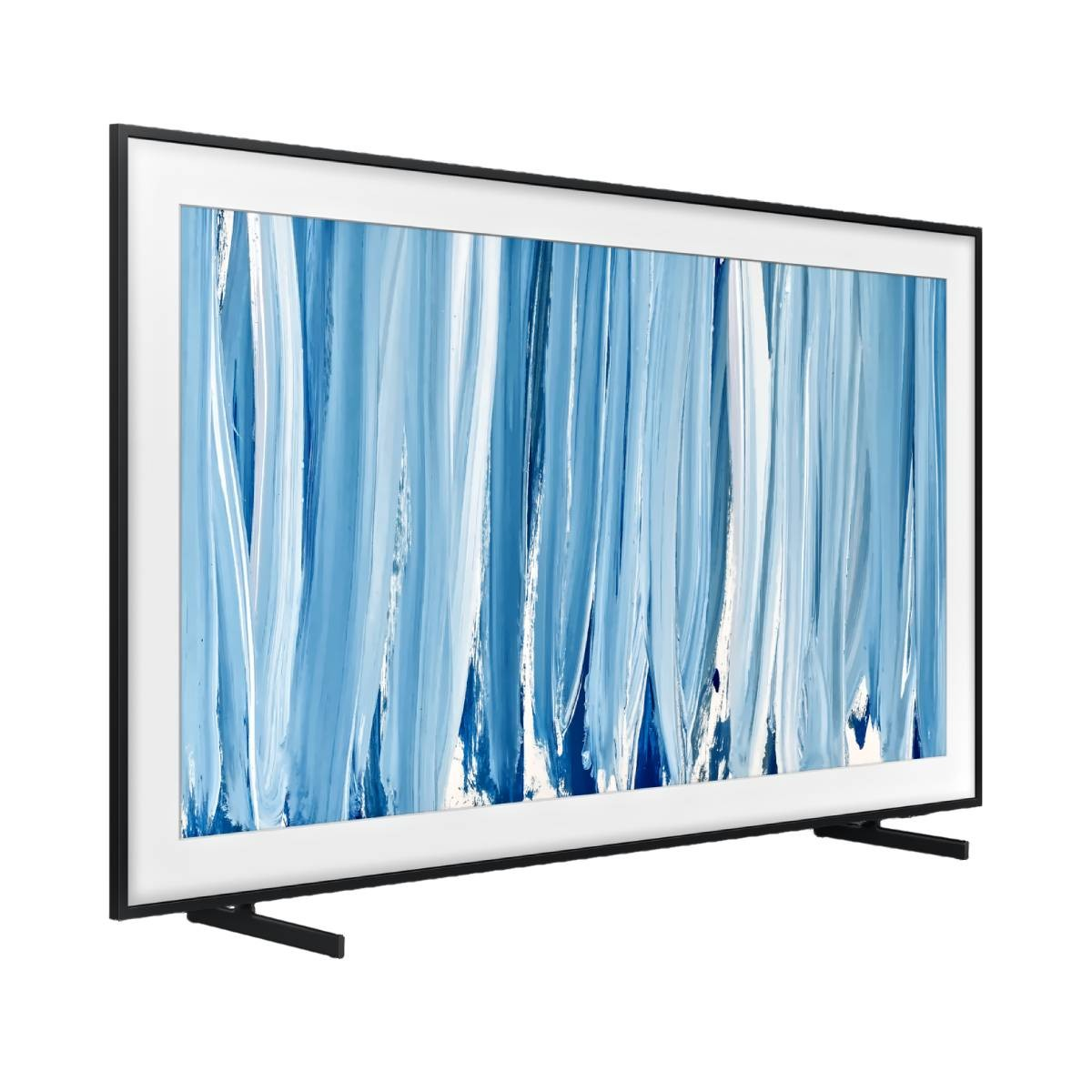 Televisor moderno con marco negro que muestra arte abstracto de pinceladas verticales.