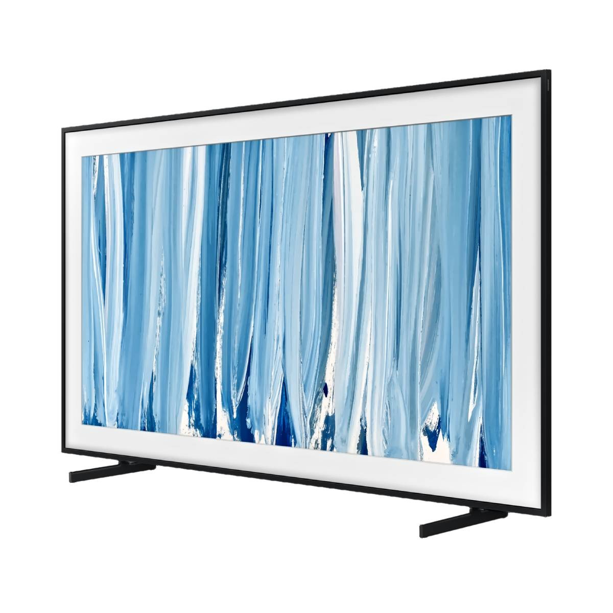Un televisor moderno con protector de pantalla azul abstracto está sobre una base.