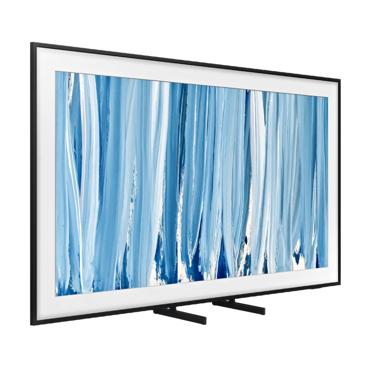 Un televisor negro con una imagen abstracta azul y blanca, sobre un soporte.