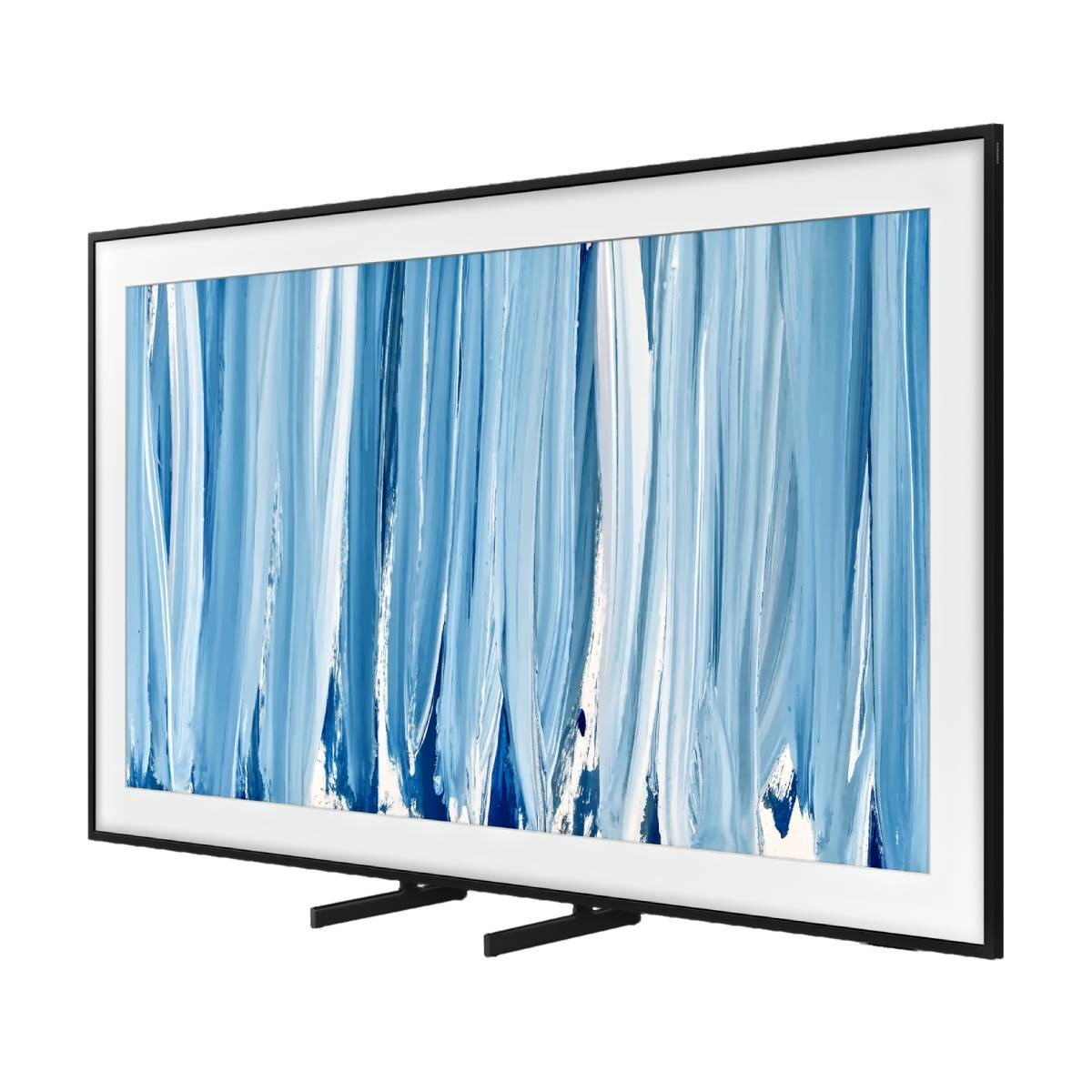 Un televisor negro moderno con una pintura abstracta azul en la pantalla, con soporte.