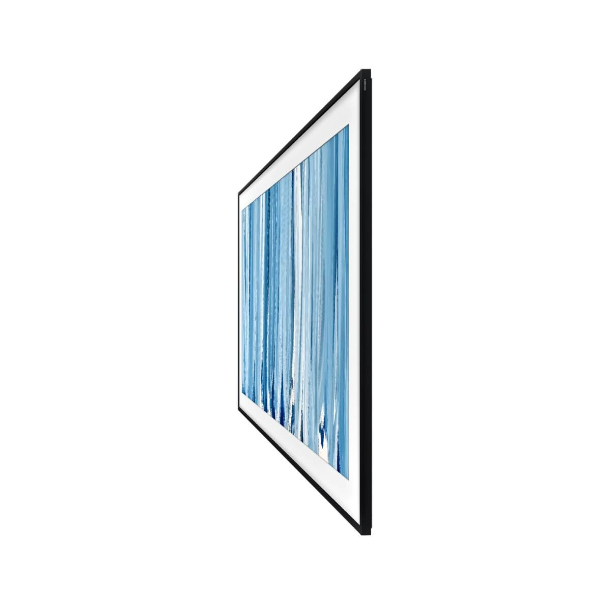 Un televisor negro delgado que muestra una obra de arte abstracta de rayas azules.