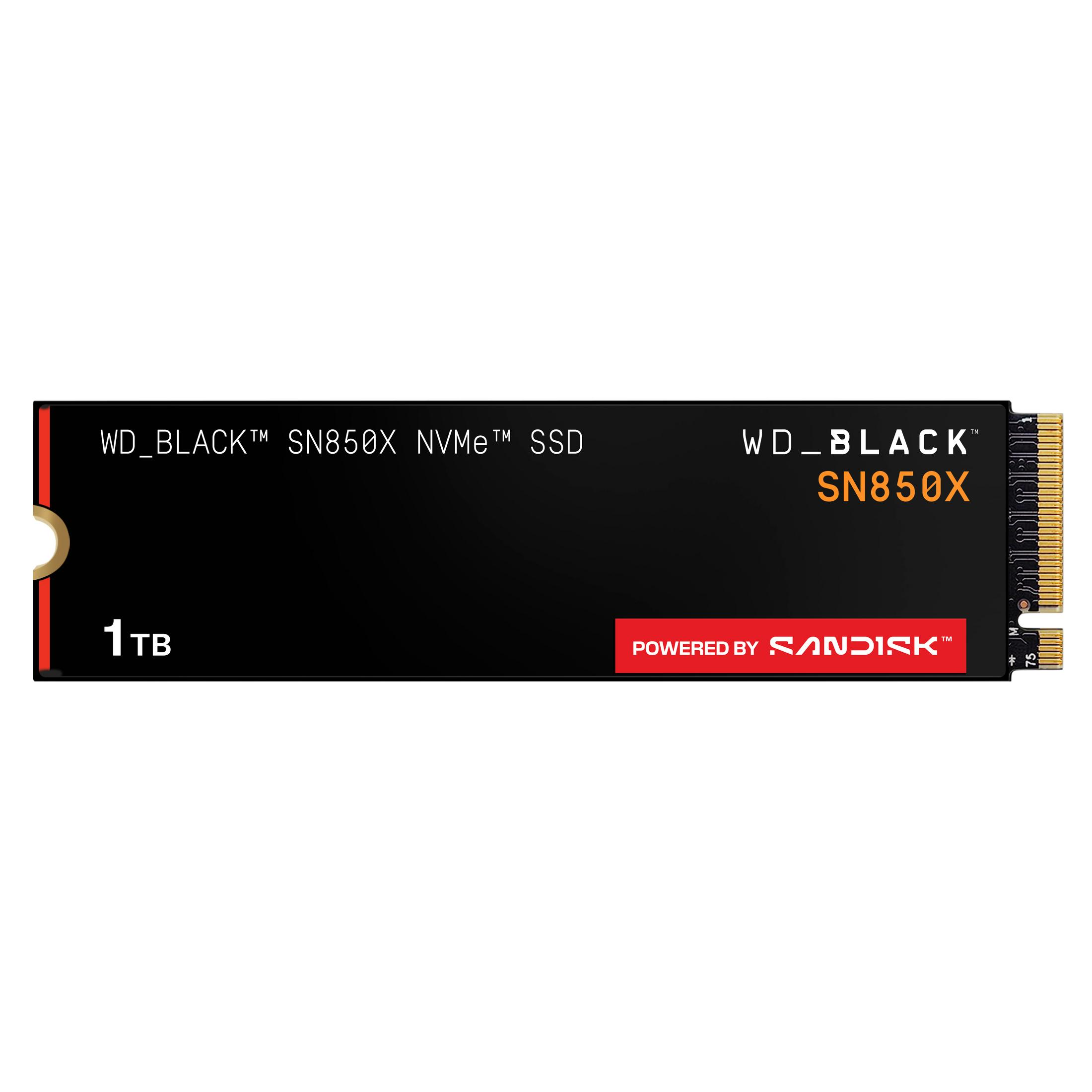 Un SSD NVMe WD_BLACK SN850X nero da 1TB con contatti dorati.
