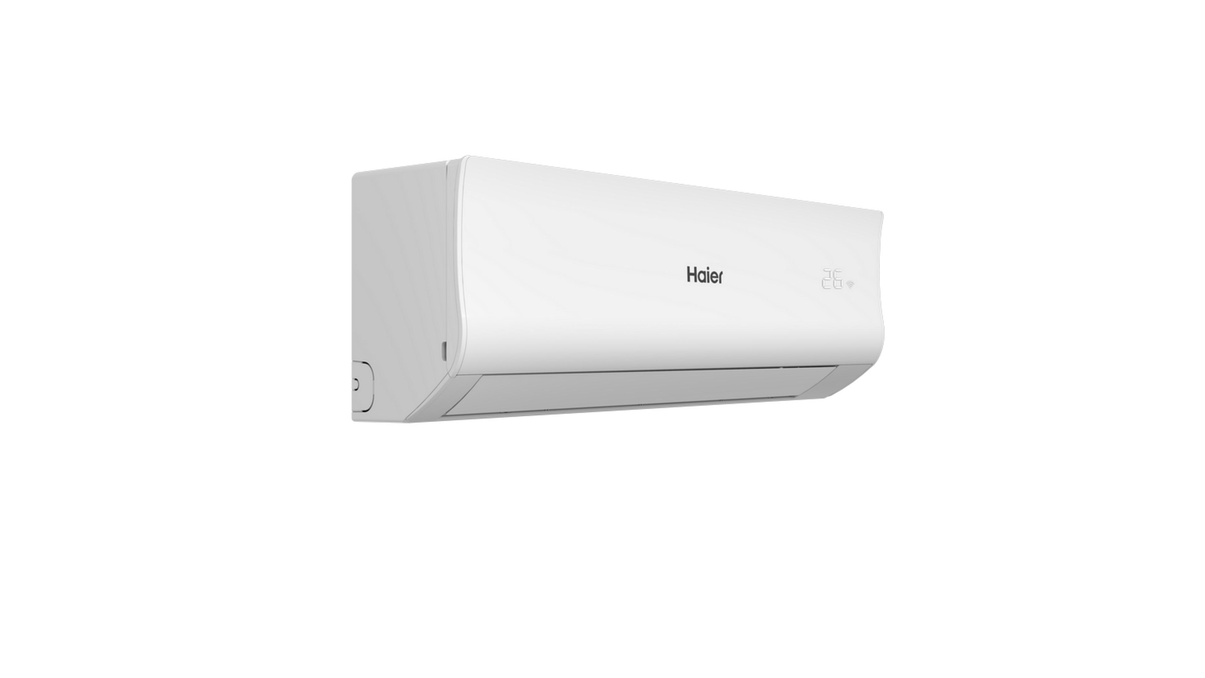 Un aire acondicionado blanco Haier con pantalla digital de 26 grados e icono WiFi.