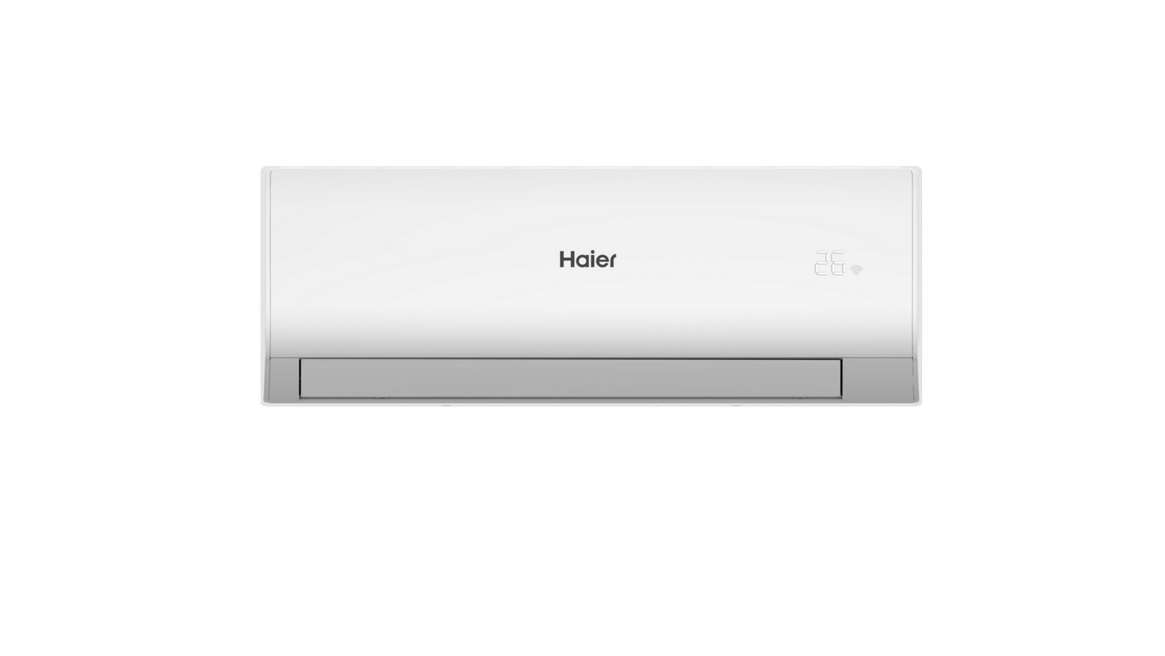 Una unidad de aire acondicionado Haier blanca que muestra 26 grados.