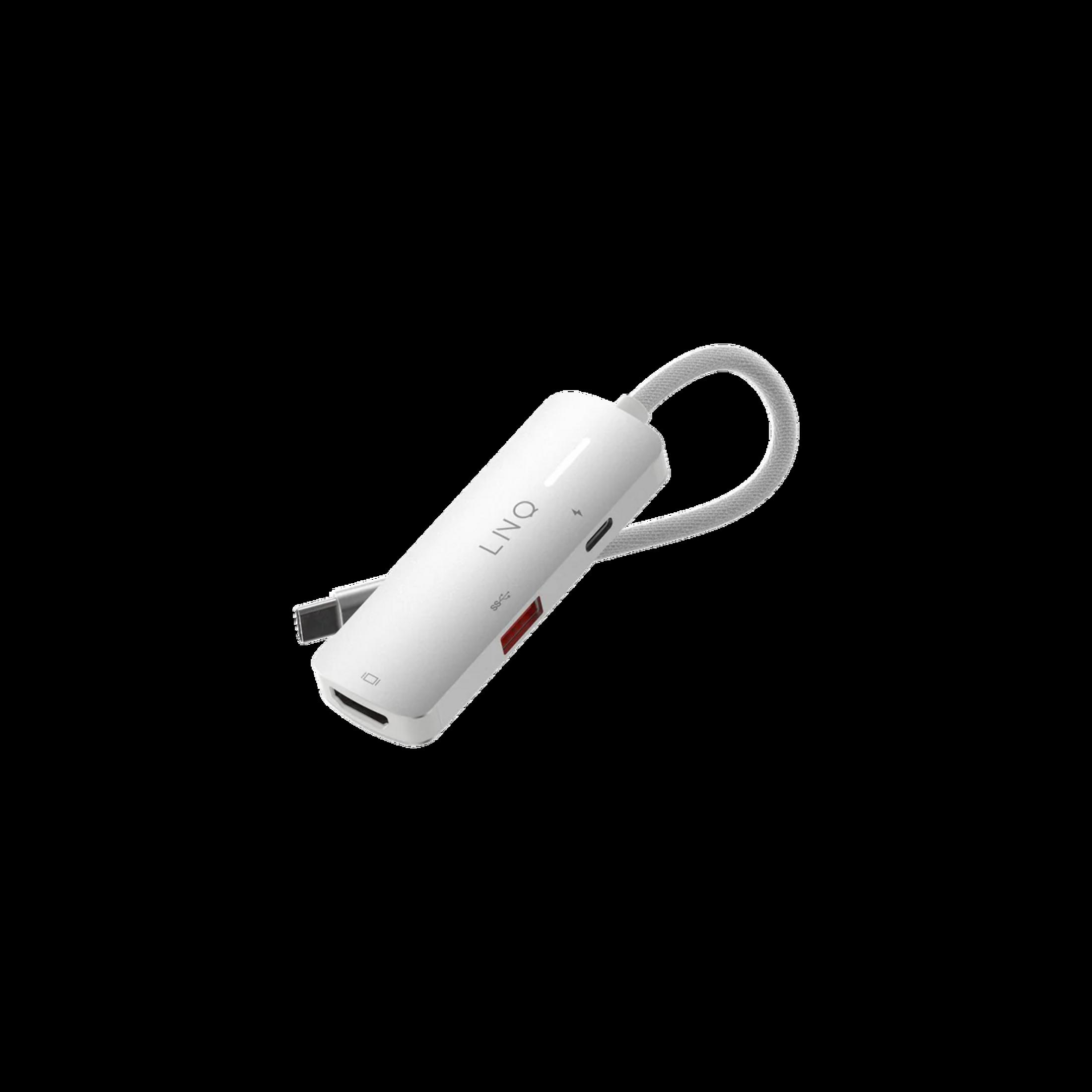 Ein weißer USB-C-Adapter mit einem Kabel, Anschlüssen und dem Logo LNO.