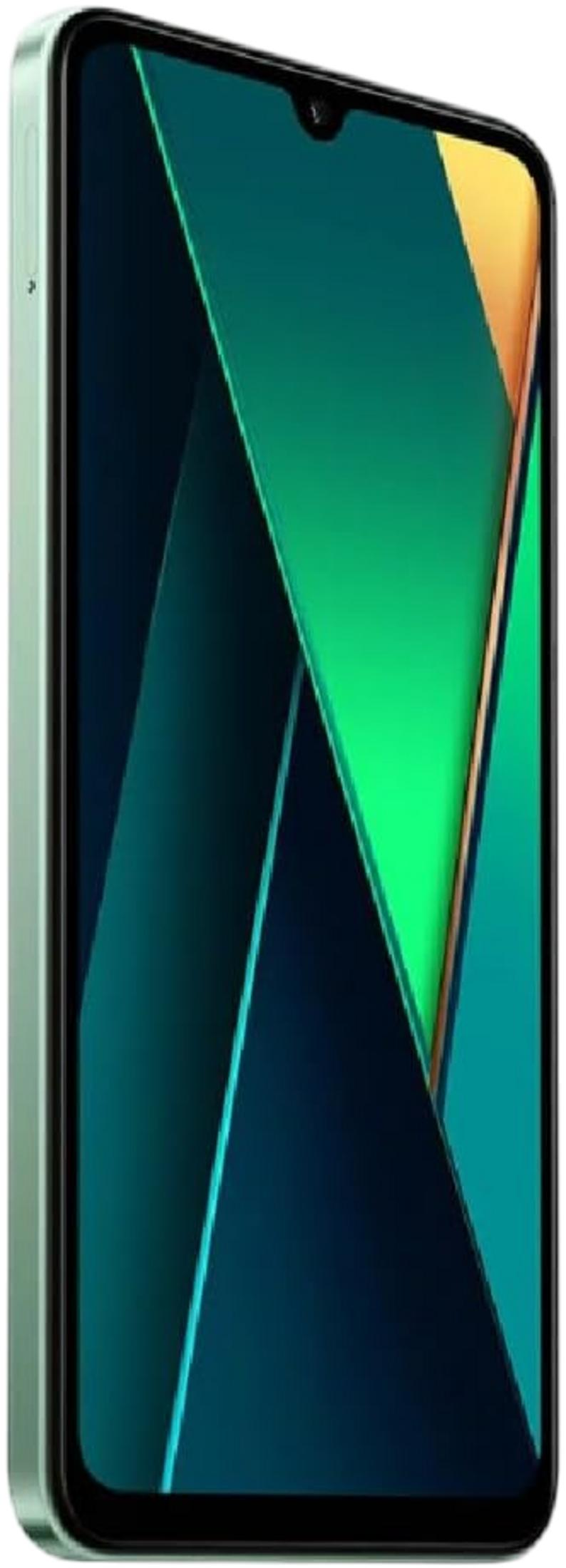 Uno smartphone verde chiaro con motivo geometrico nei toni del blu e del verde.