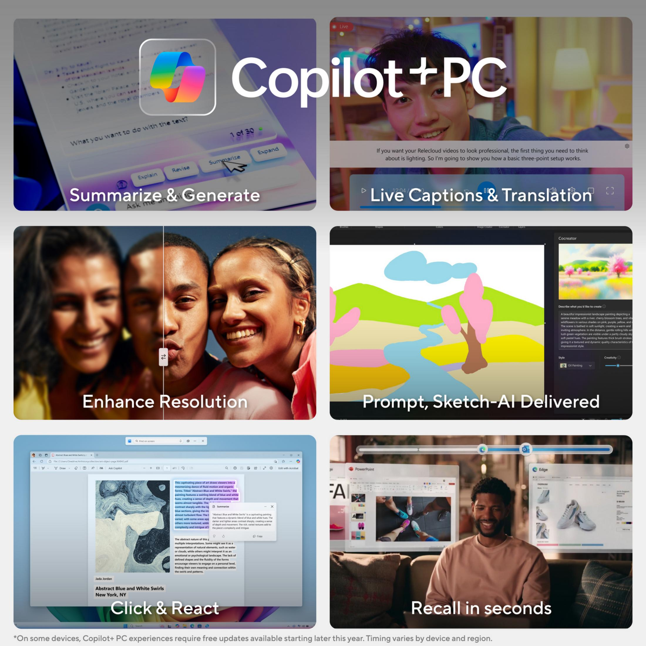 Copilot+PC: Resumen de texto, subtítulos en vivo, mejora de resolución, arte IA y más.