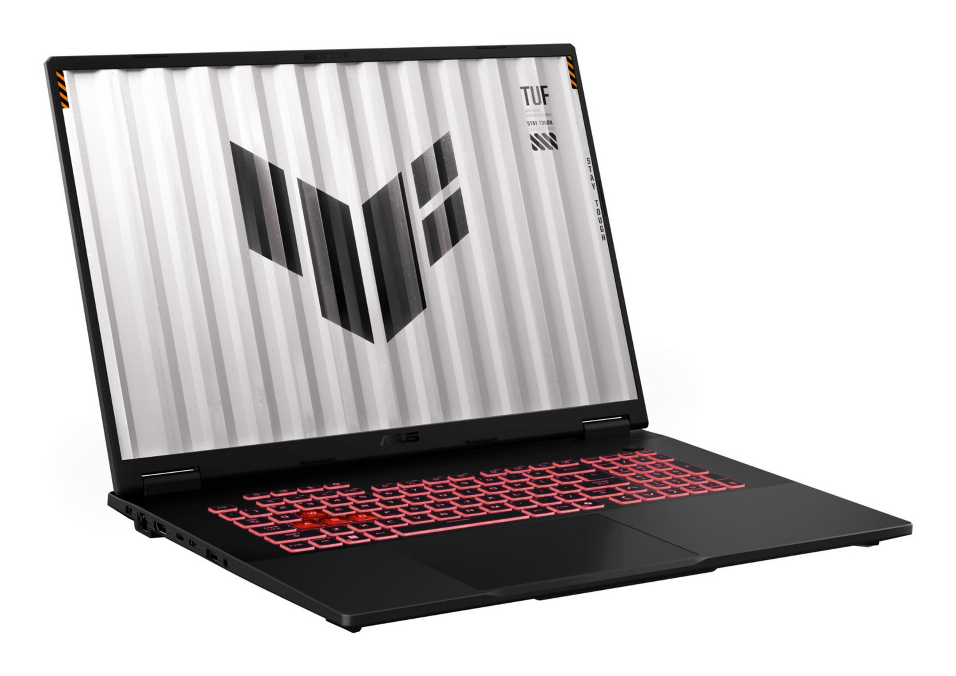 Portátil negro con teclado retroiluminado rosa y logo TUF en pantalla.