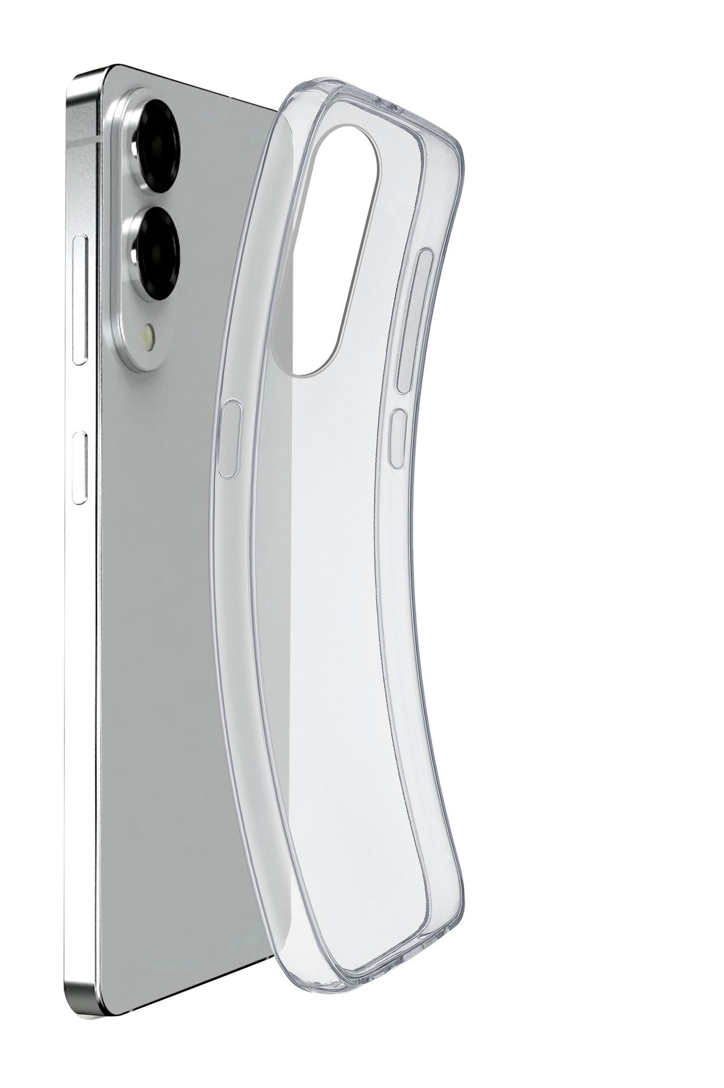 Una custodia trasparente per telefono poggia accanto a uno smartphone argentato.