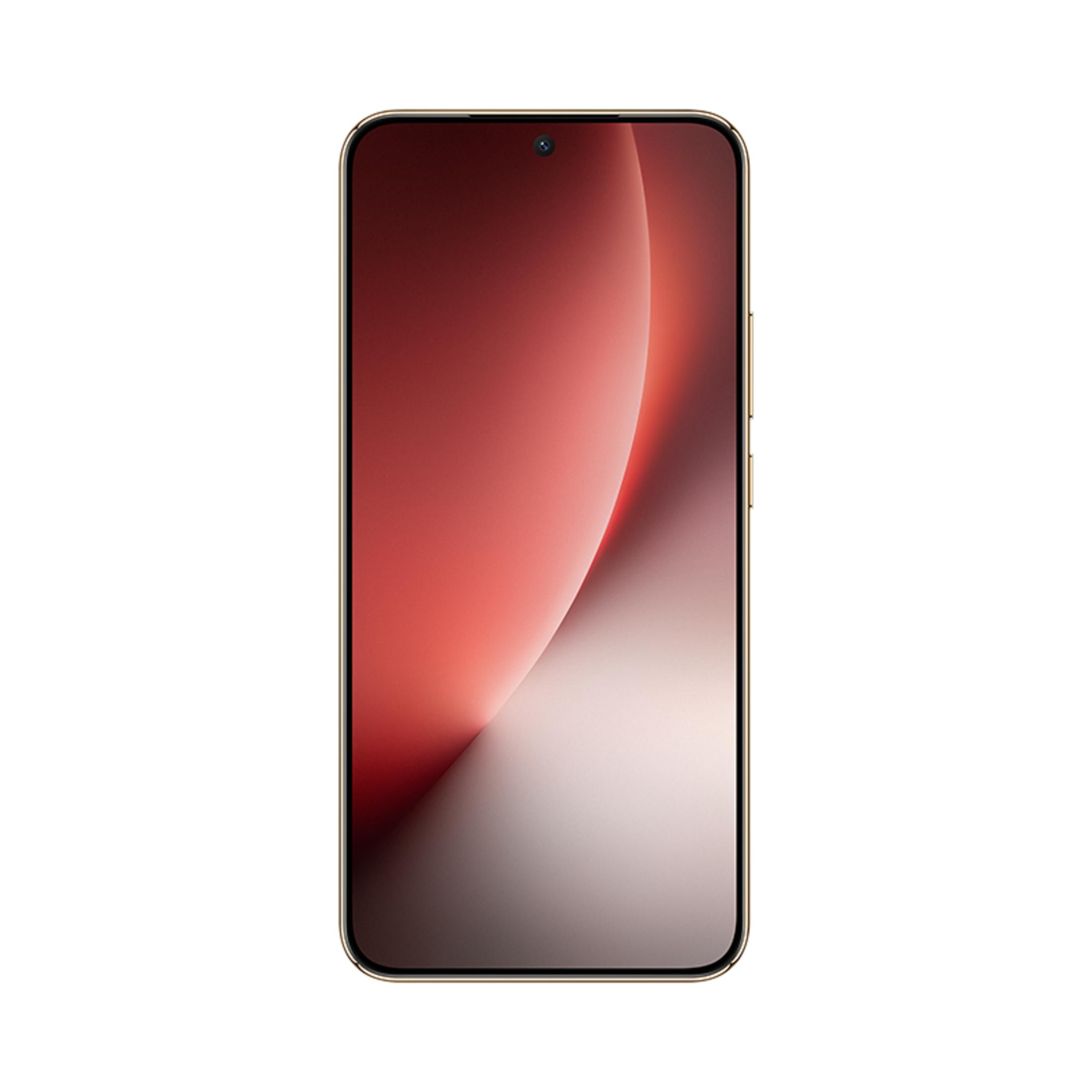 Uno smartphone dorato con sfondo sfumato rosso e bianco sul suo schermo.