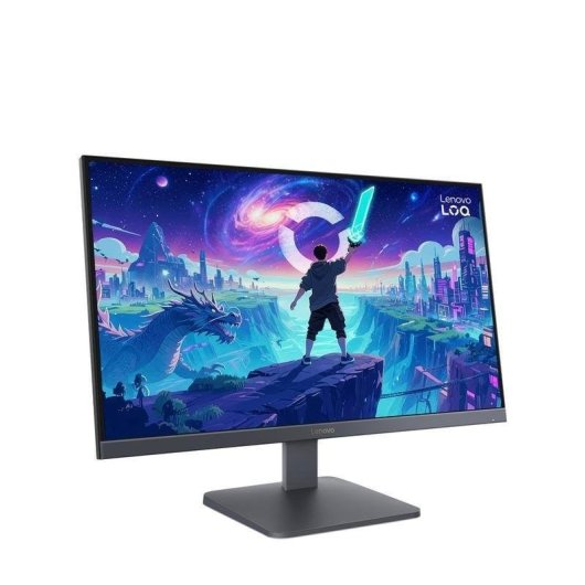 Un monitor Lenovo muestra una escena de fantasía con un dragón, una persona con espada y una ciudad.