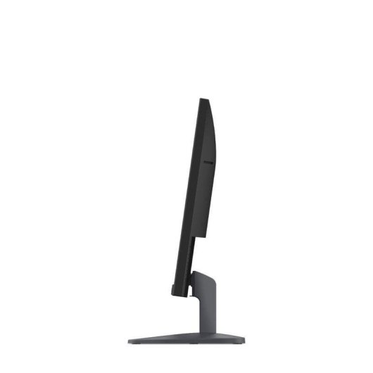 Un monitor de computadora negro sobre un soporte, visto de lado.