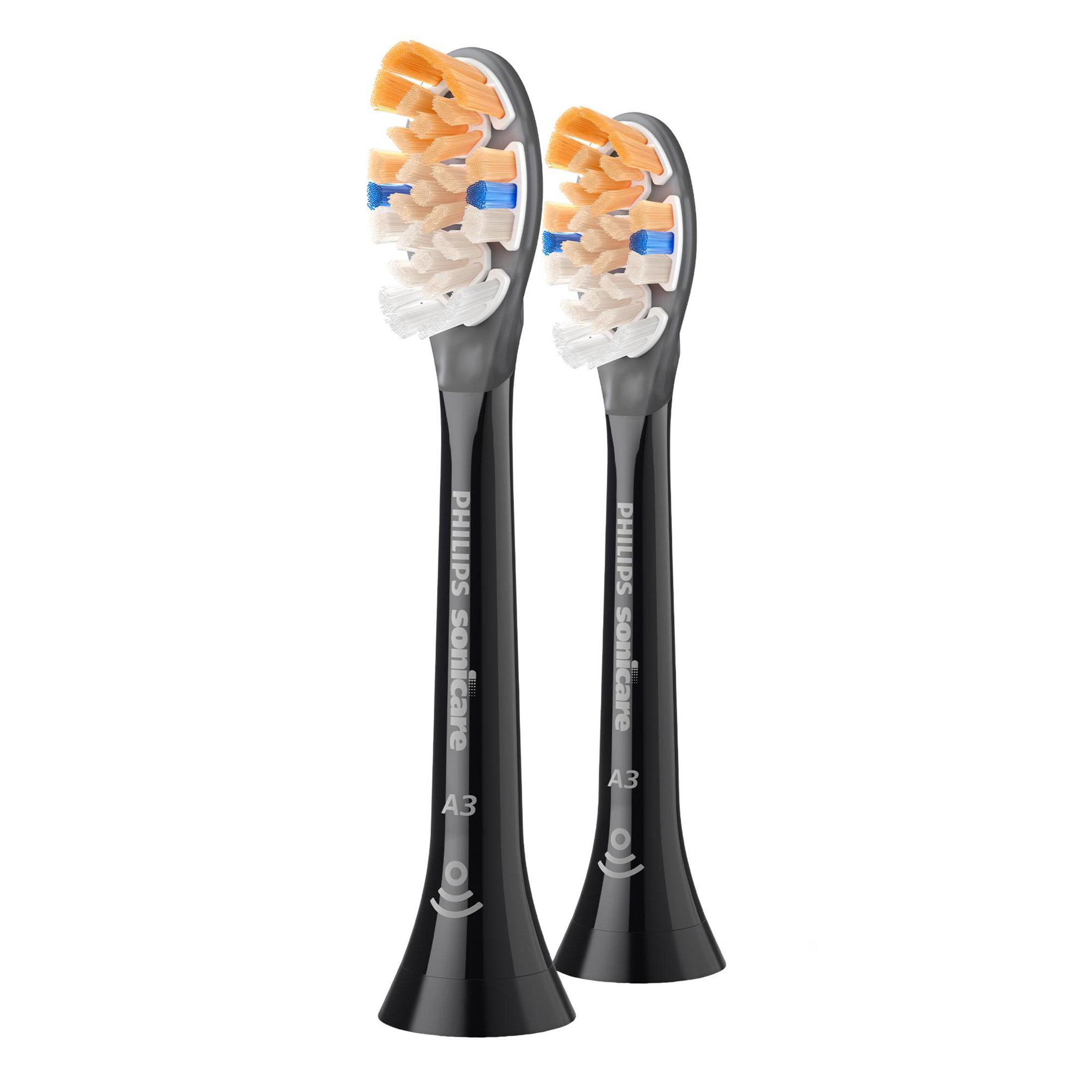 Due testine per spazzolino Philips Sonicare A3 nere con setole arancioni, blu e bianche.