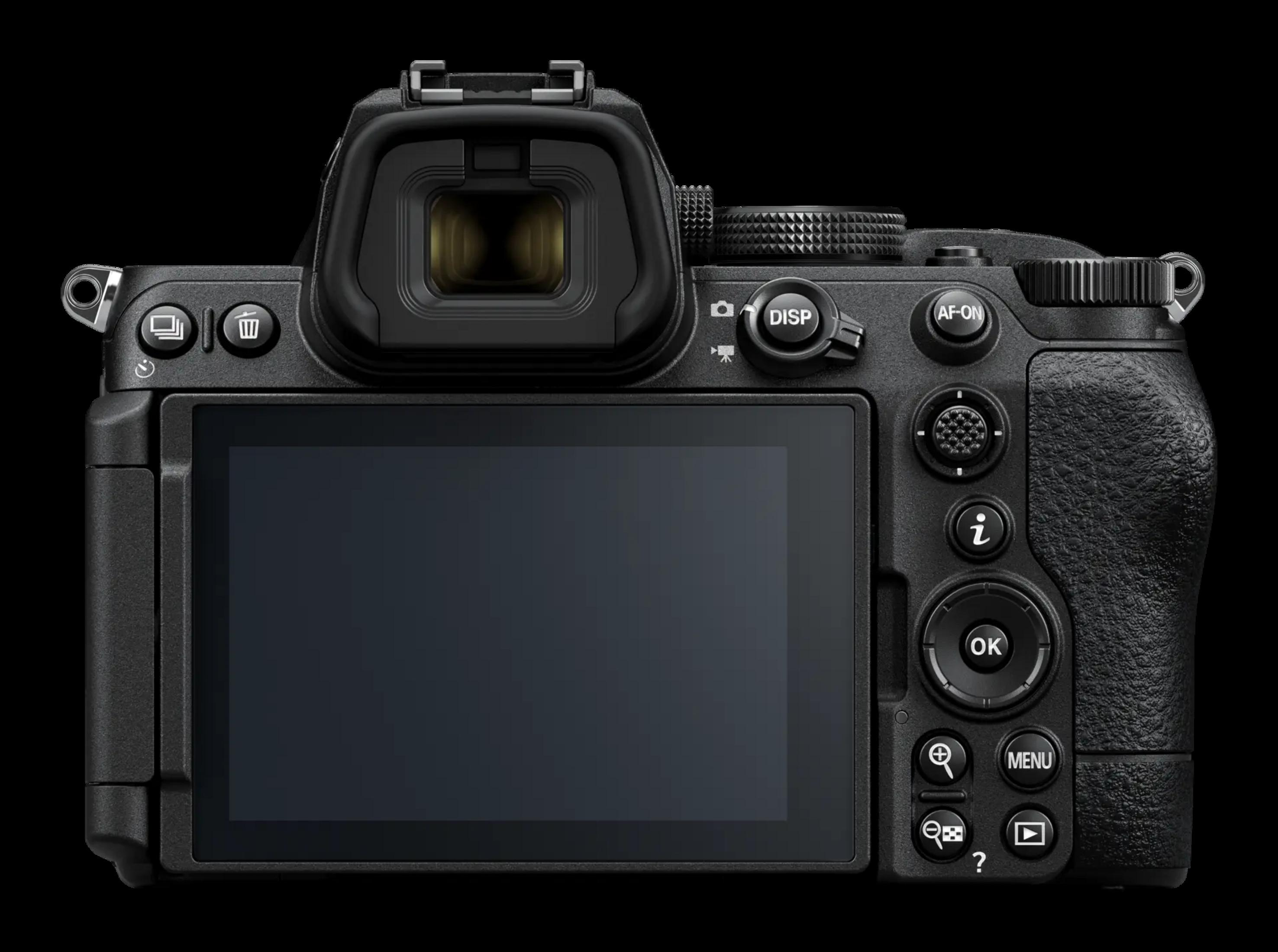Vista trasera de una cámara Nikon Z9 negra mostrando la pantalla LCD y botones.