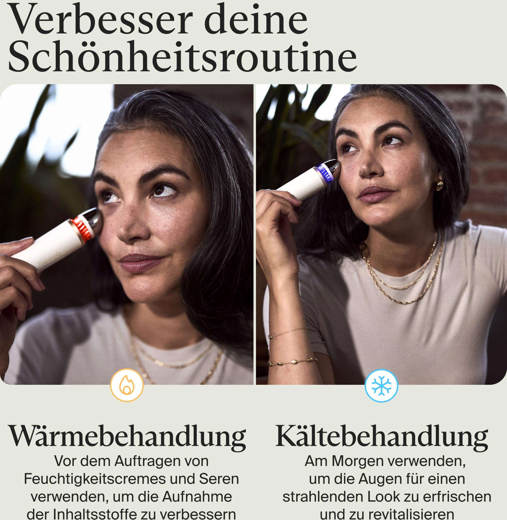 Donna con dispositivo skincare: trattamento caldo vs freddo per il contorno occhi.