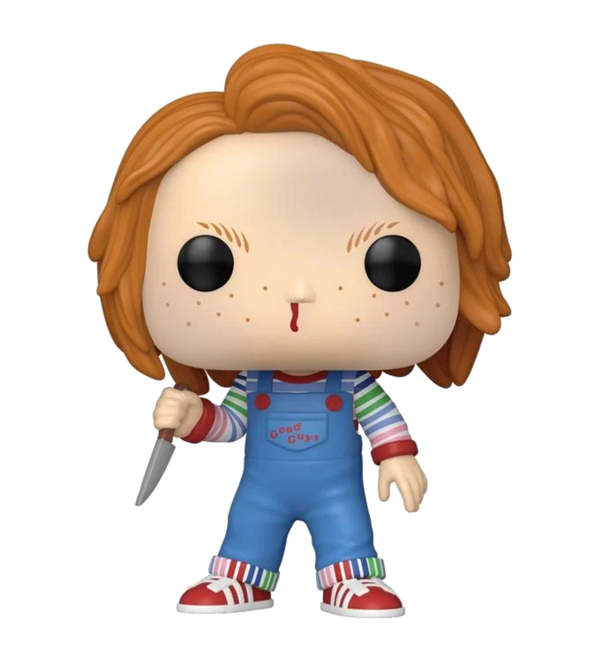 Bambola Chucky con coltello, tuta blu, maglia a righe.