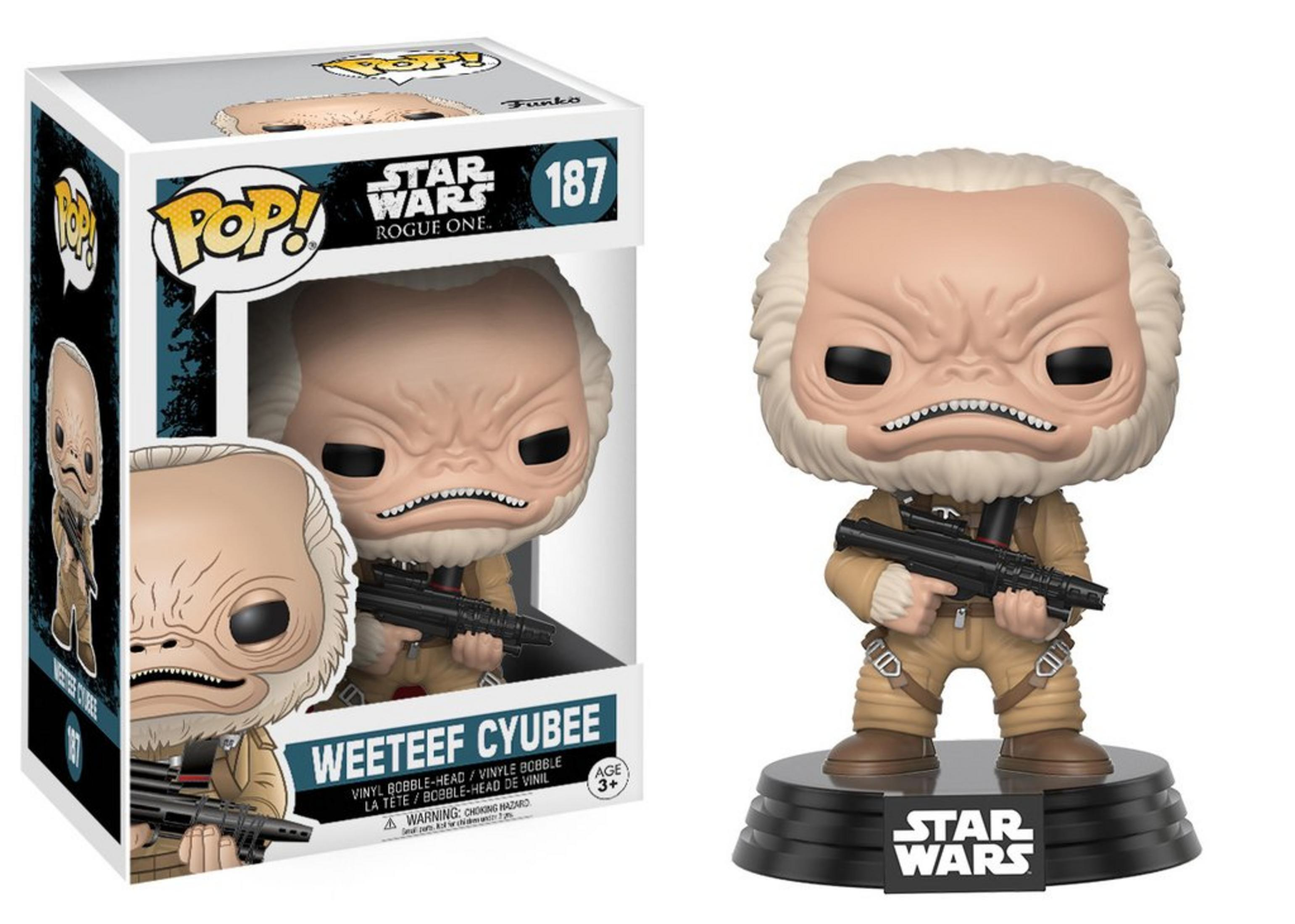 Vinile Funko Pop di Weeteef Cyubee da Star Wars, che tiene un blaster.