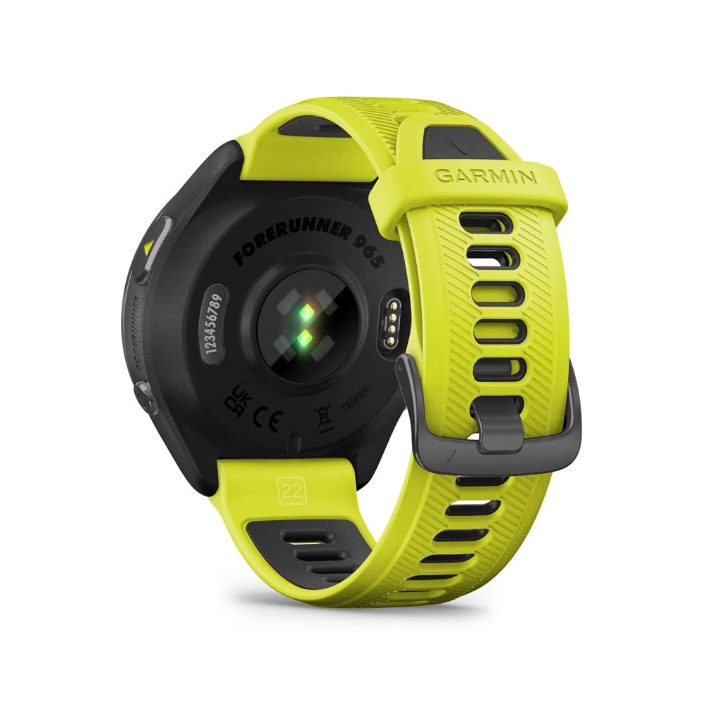 Montre connectée Garmin Forerunner 965 jaune avec cardiofréquencemètre au dos.