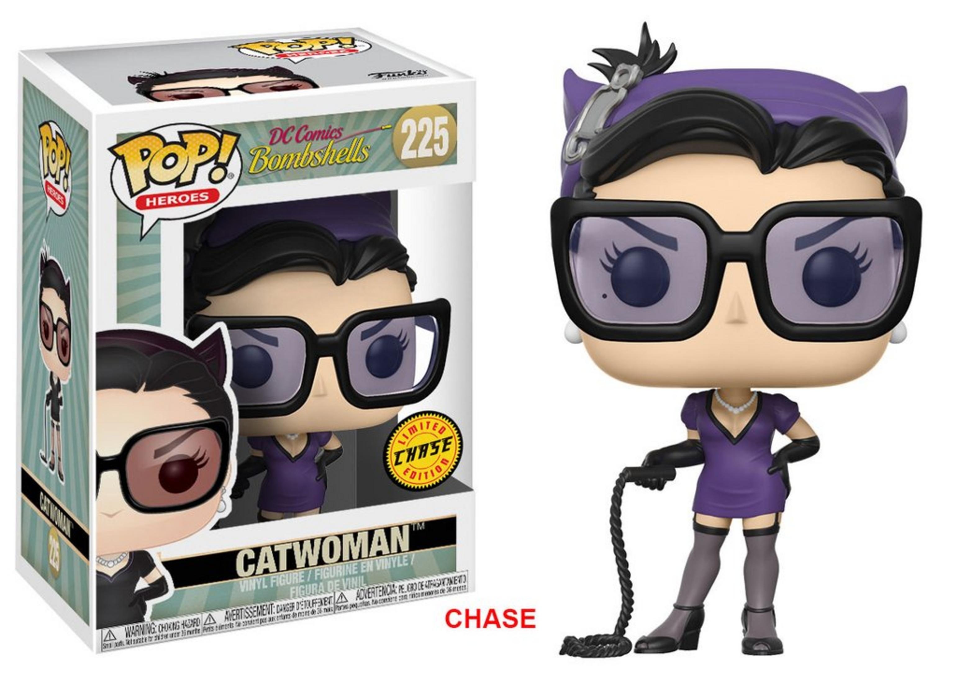Action figure Funko Pop Catwoman viola con occhiali e frusta, in scatola.