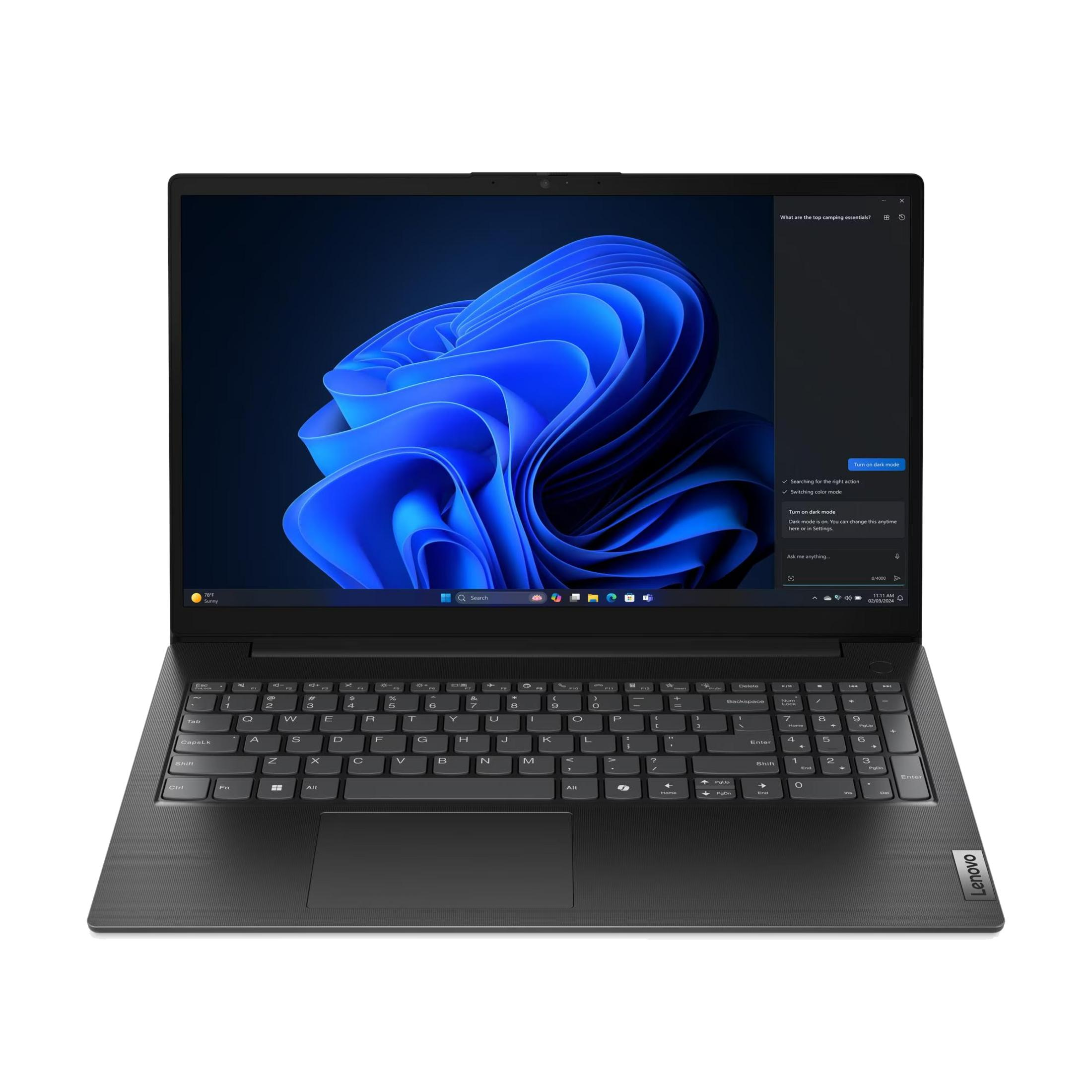 Un portátil Lenovo negro cerrado con un fondo azul ondulado en la pantalla.