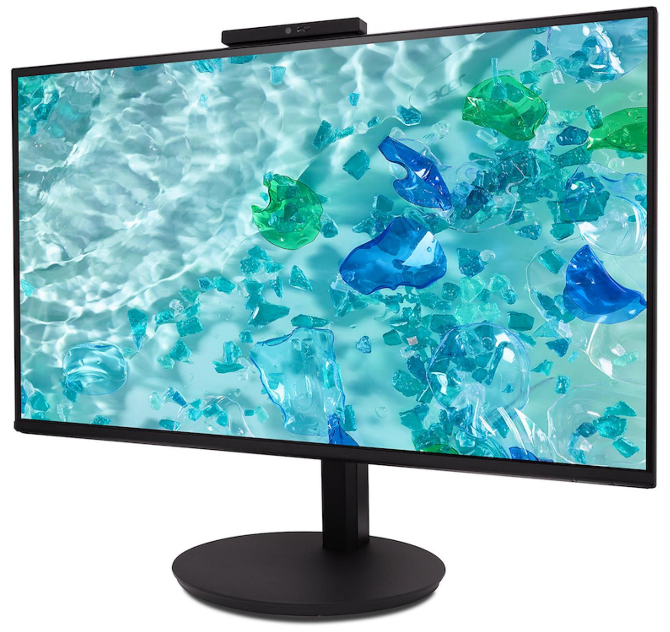 Un monitor que muestra un fondo de pantalla de trozos de hielo azules y verdes sobre agua.