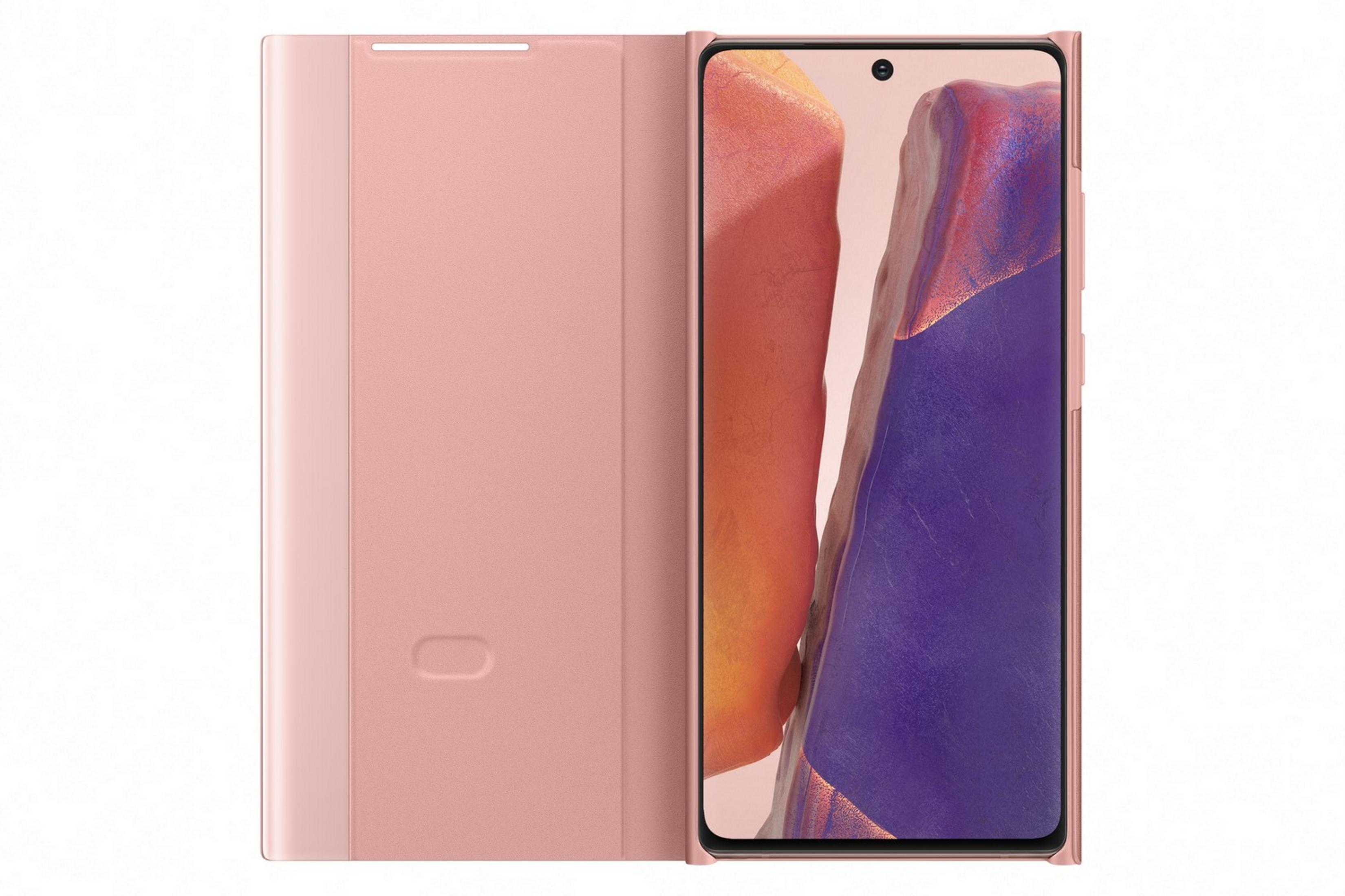 Un telefono rosa oro con flip cover aperto. Lo schermo mostra un motivo astratto.