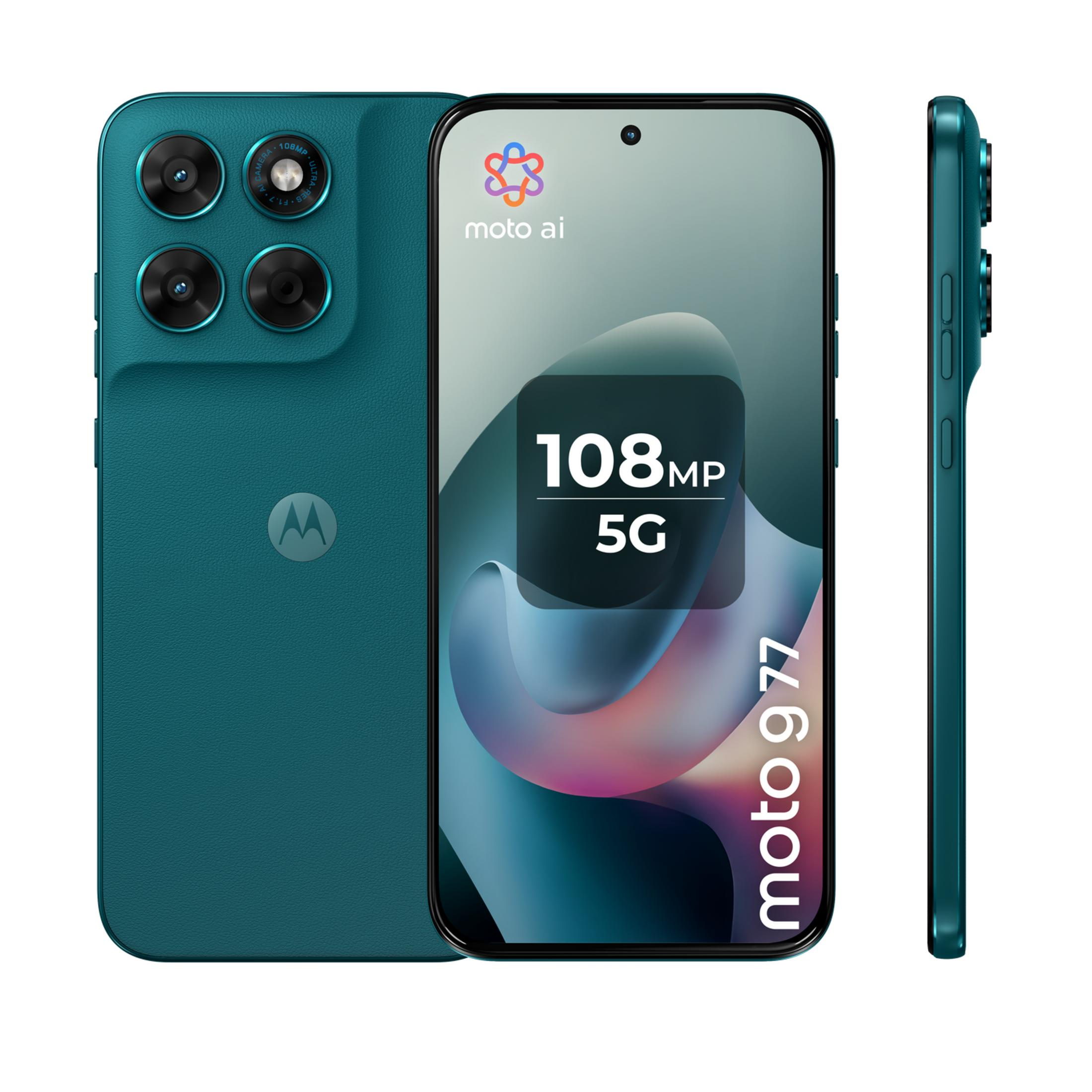 Tre viste di un Motorola blu petrolio con 108MP e 5G.