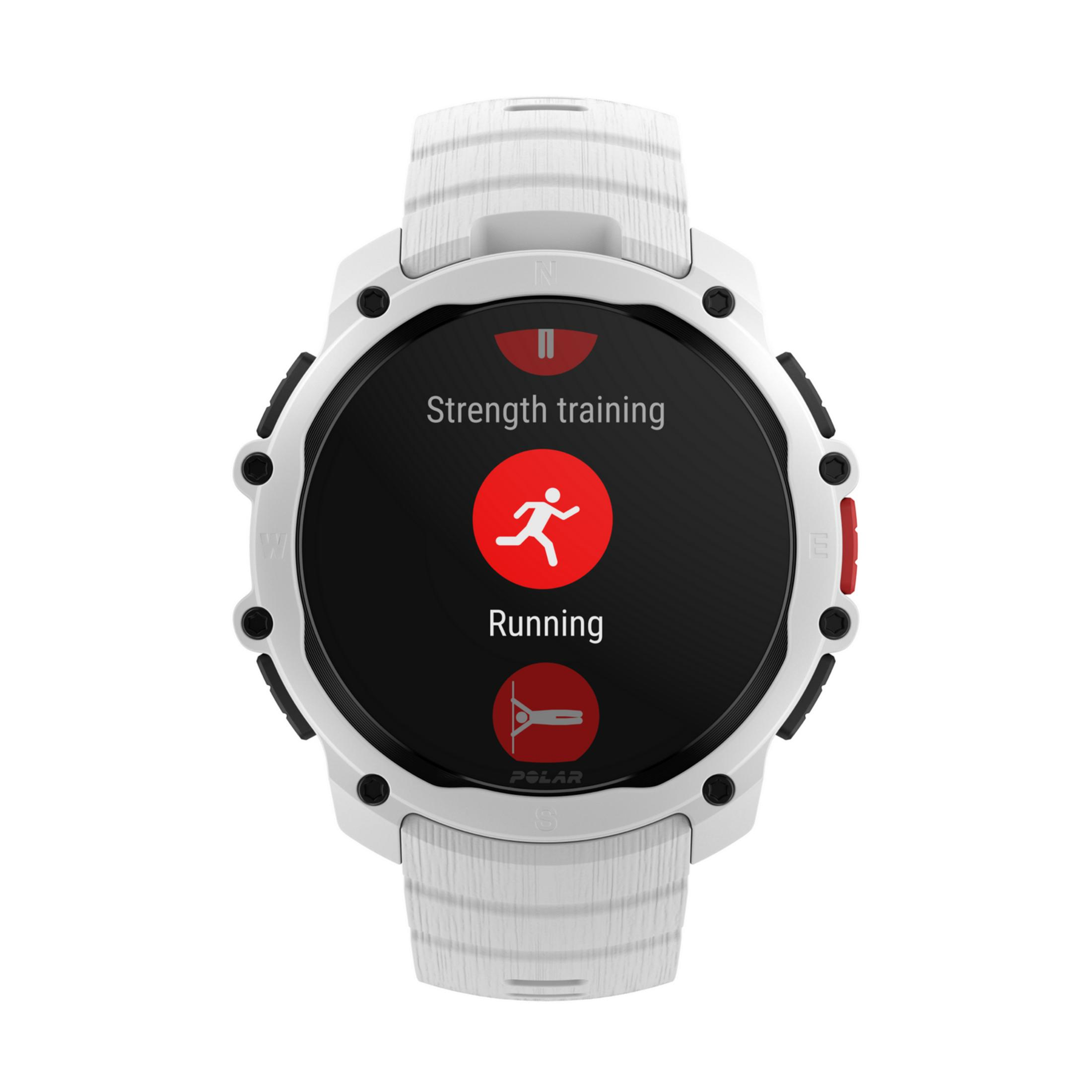 Orologio sportivo bianco con schermo nero che mostra corsa e forza.
