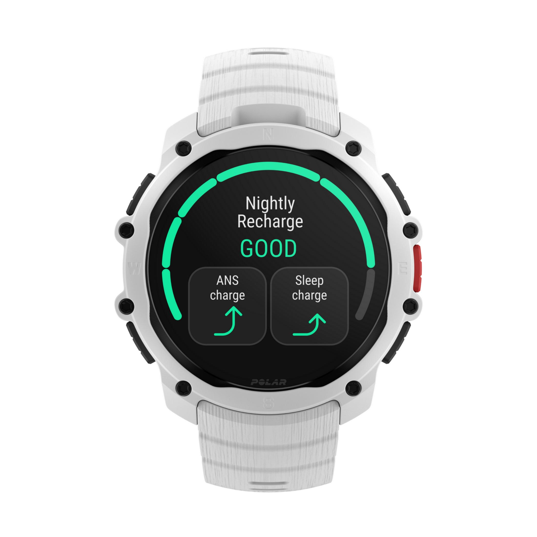 Uno smartwatch bianco con la scritta 'Nightly Recharge GOOD'.