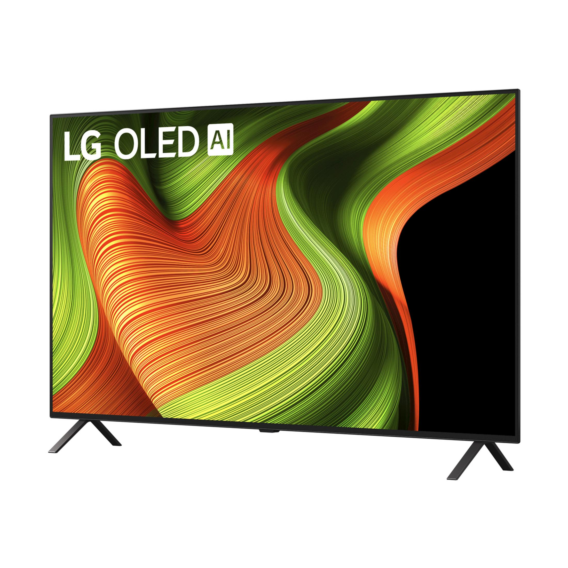 Una TV LG OLED AI con schermo colorato e vorticoso e supporto nero.