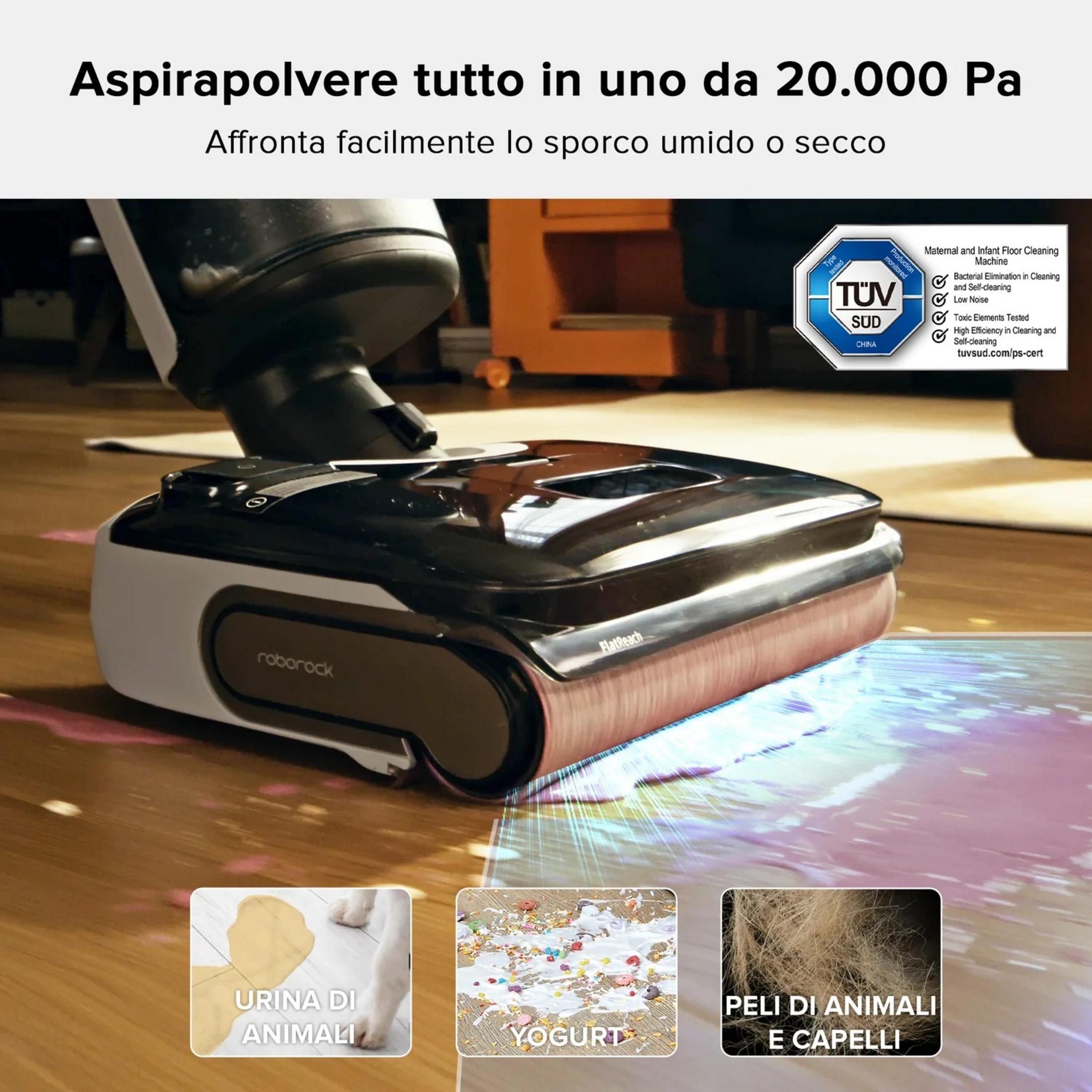 Ein Saugwischroboter mit TUV SUD Zertifizierung, zeigt Beispiele für Verschmutzungen.