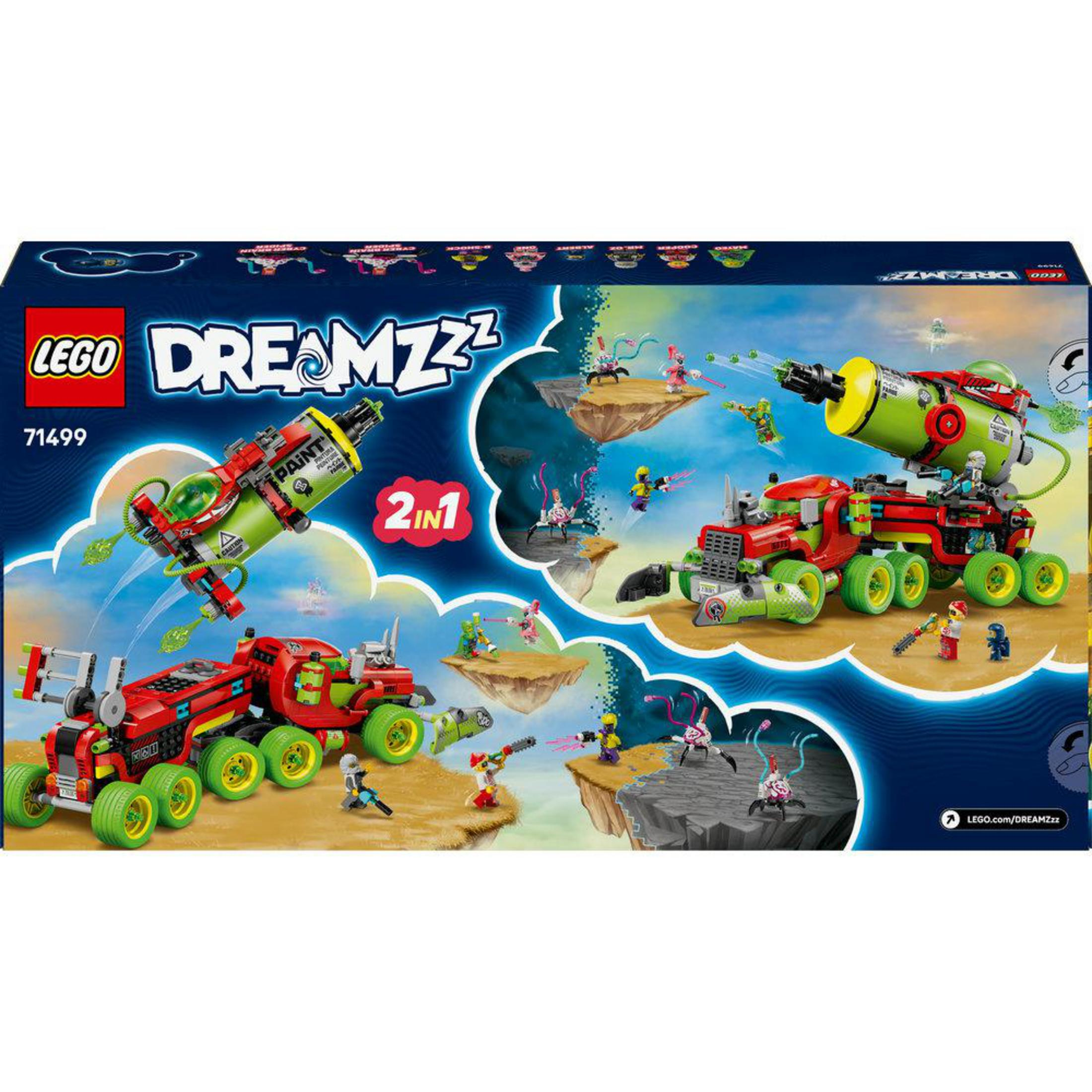 Yüzen adalarda iki araç ve figür içeren LEGO DREAMZZZ seti.