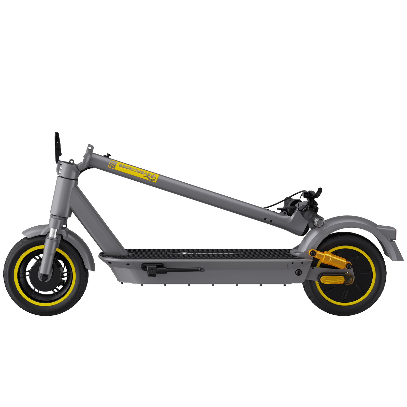 A gray electric scooter with yellow accents on the wheels.
