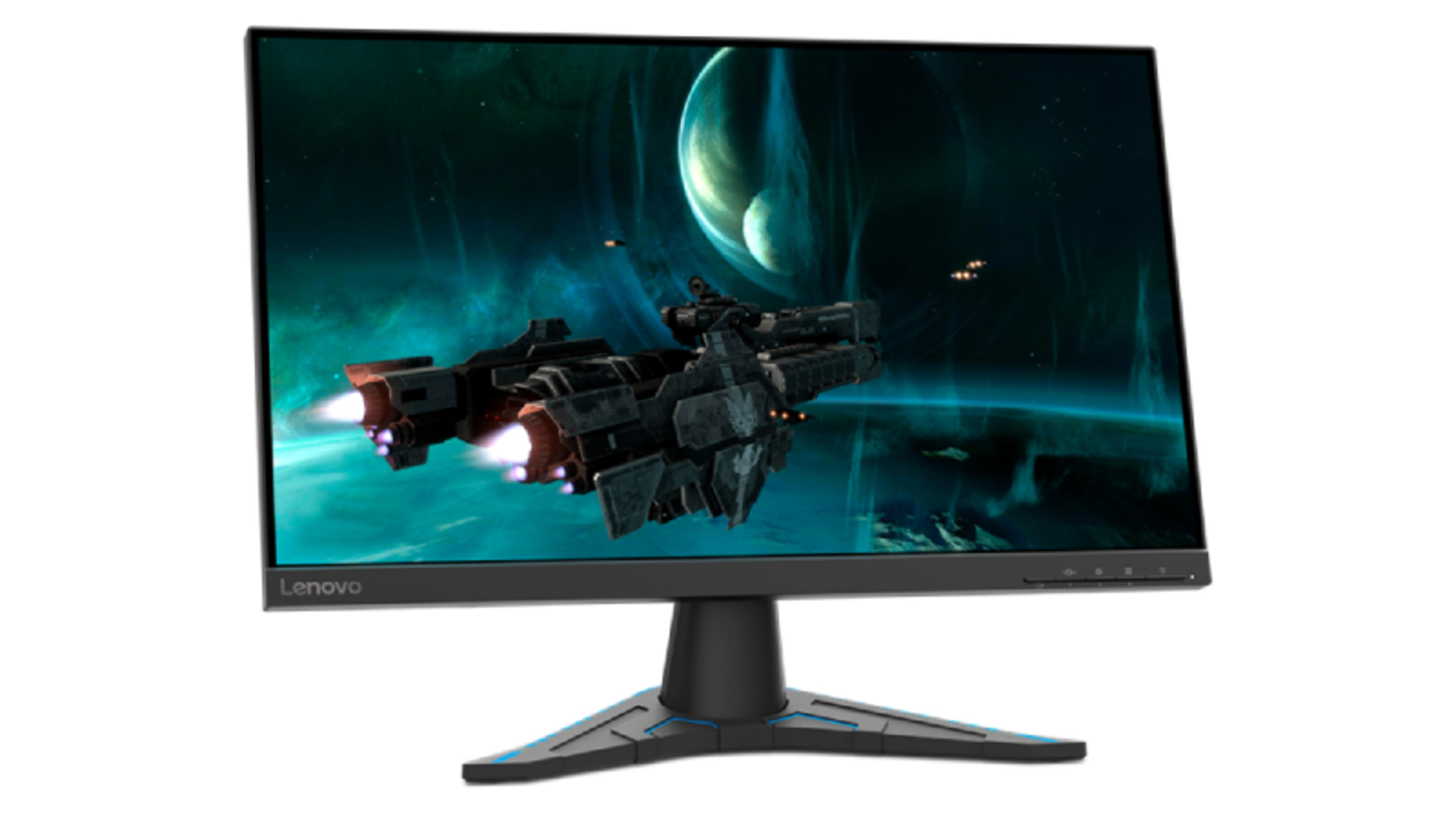 Un monitor Lenovo mostra un'astronave davanti a pianeti e nebulose.