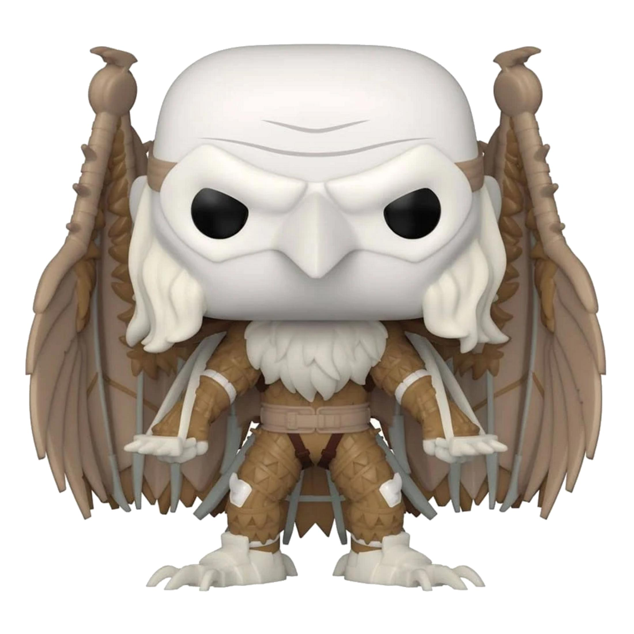 Statua Funko Pop di creatura con maschera bianca, ali marroni e piedi ad artiglio.