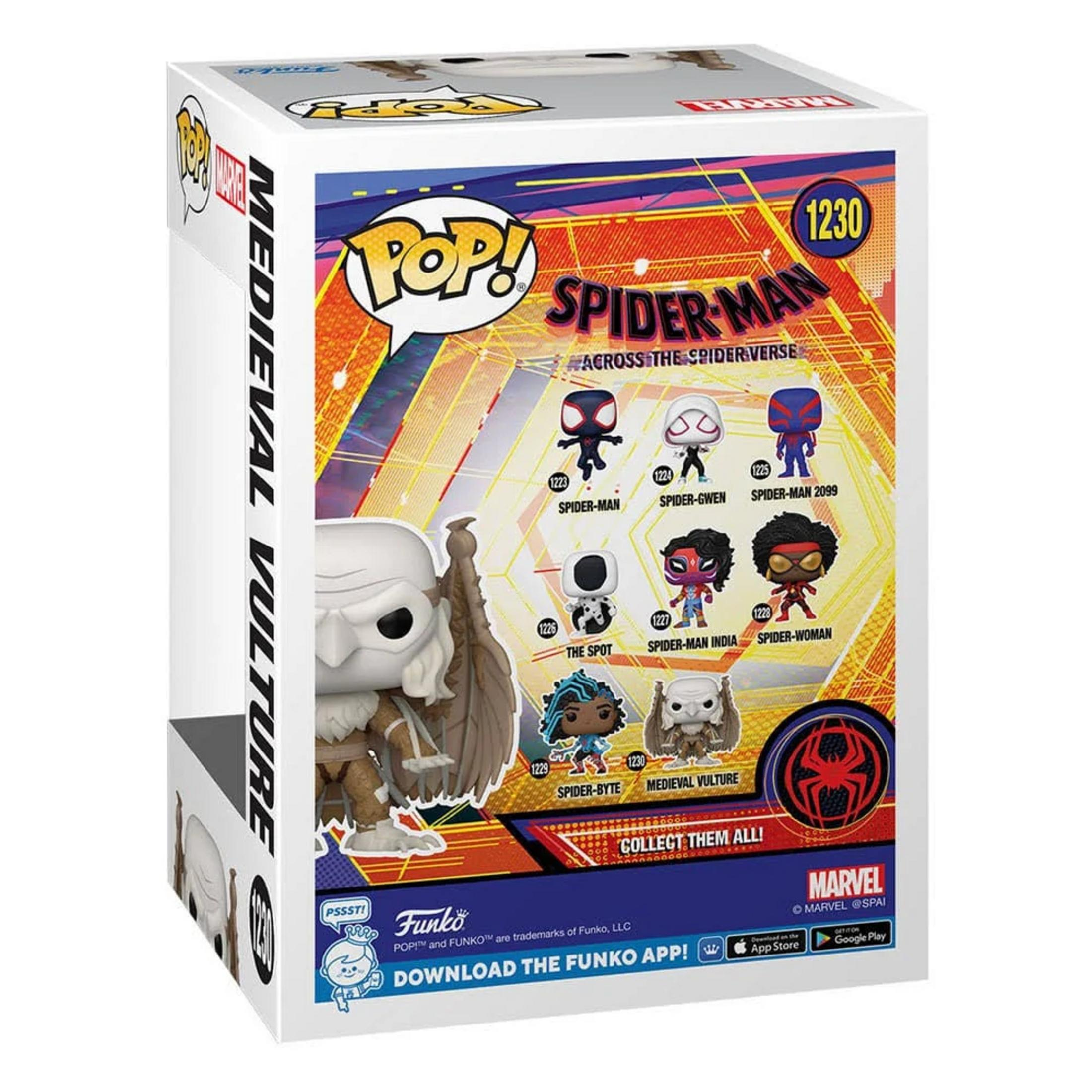 Scatola Funko Pop! con arte di Spider-Man e lineup personaggi.