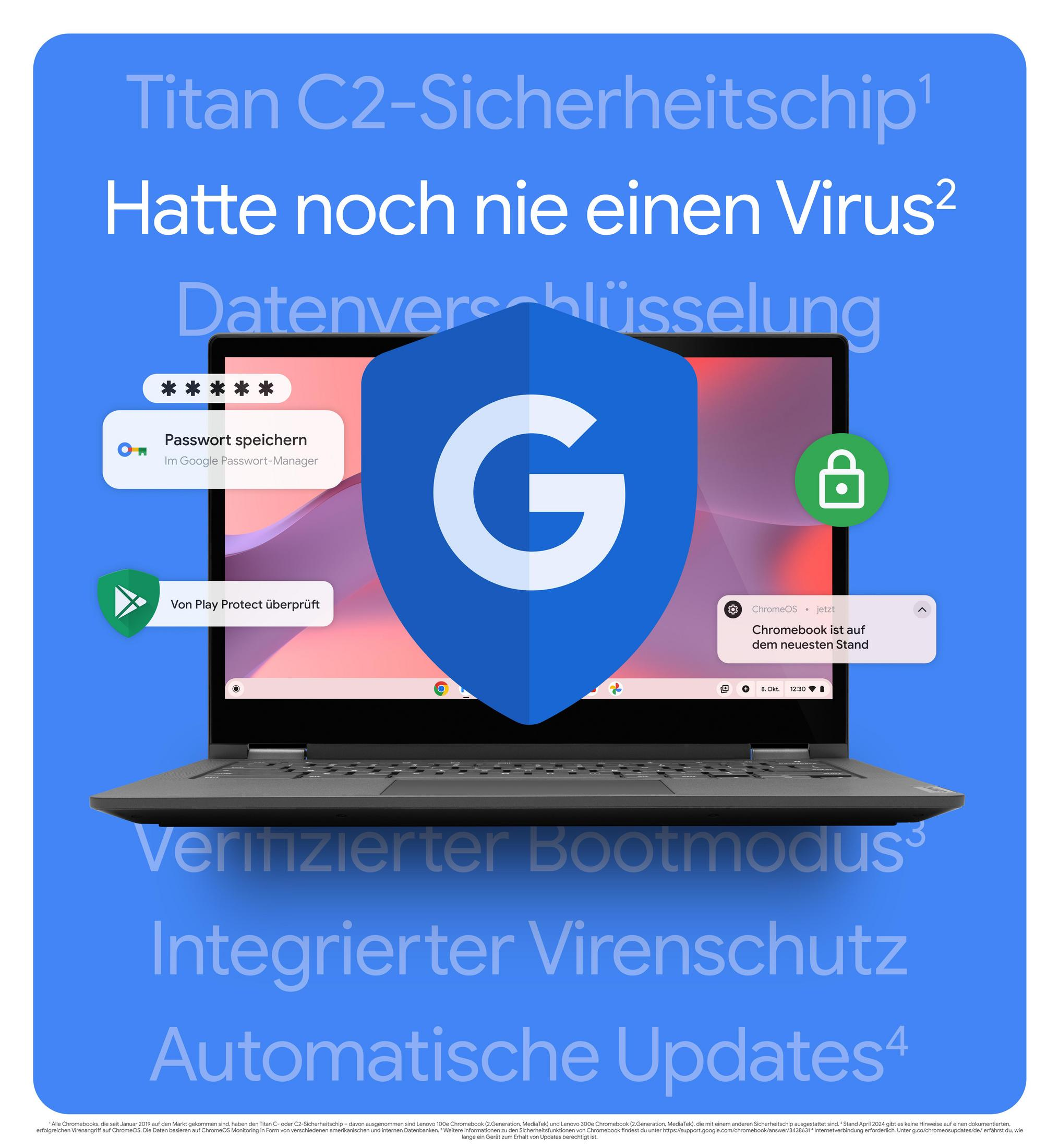 Ein Chromebook mit dem Google-Logo, das Sicherheit und Updates hervorhebt.