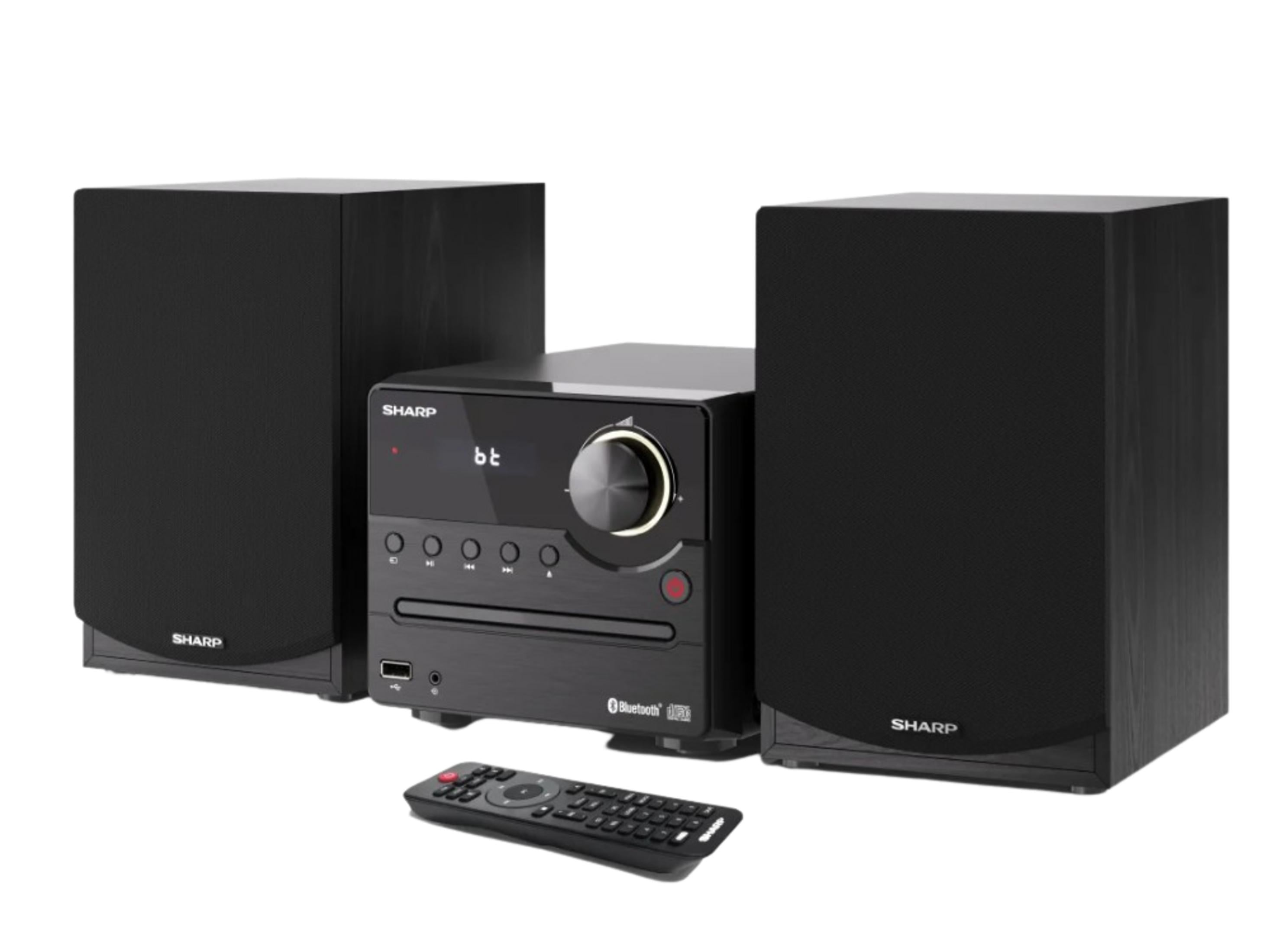 Un sistema stereo Sharp nero con lettore CD, altoparlanti e telecomando.