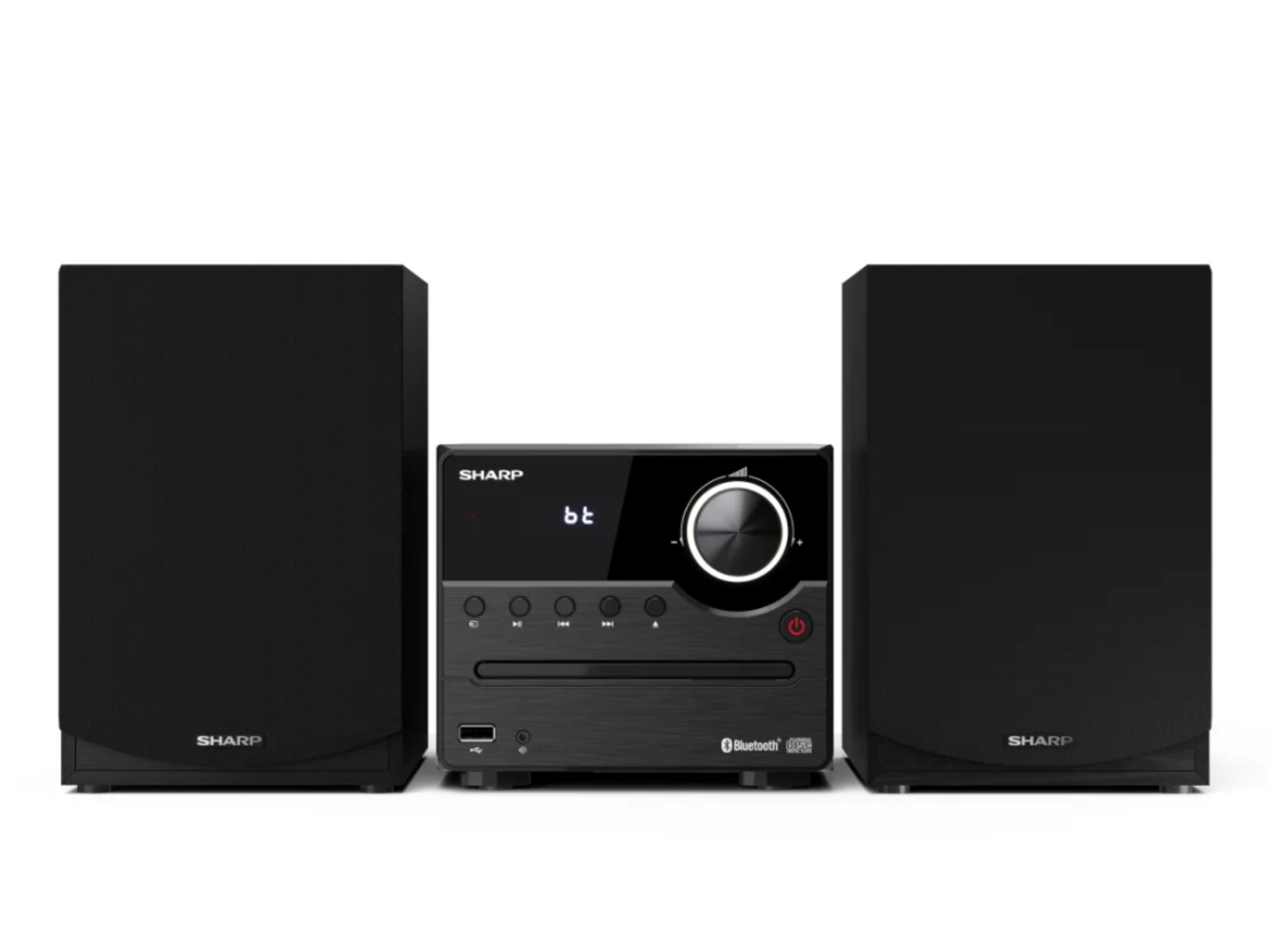 Sistema audio stereo nero con lettore CD, altoparlanti e pannello.