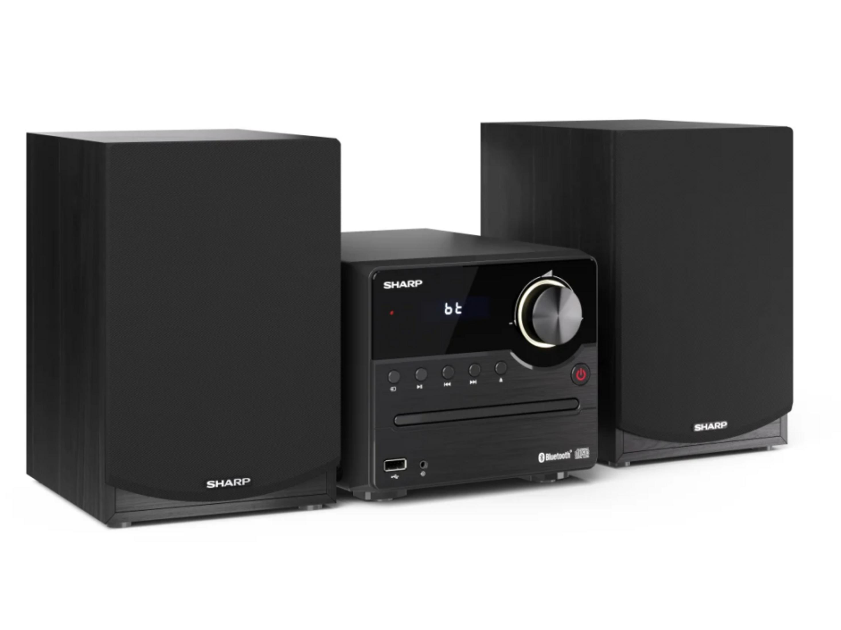 Un sistema stereo Sharp nero con due altoparlanti e un'unità centrale con slot CD.