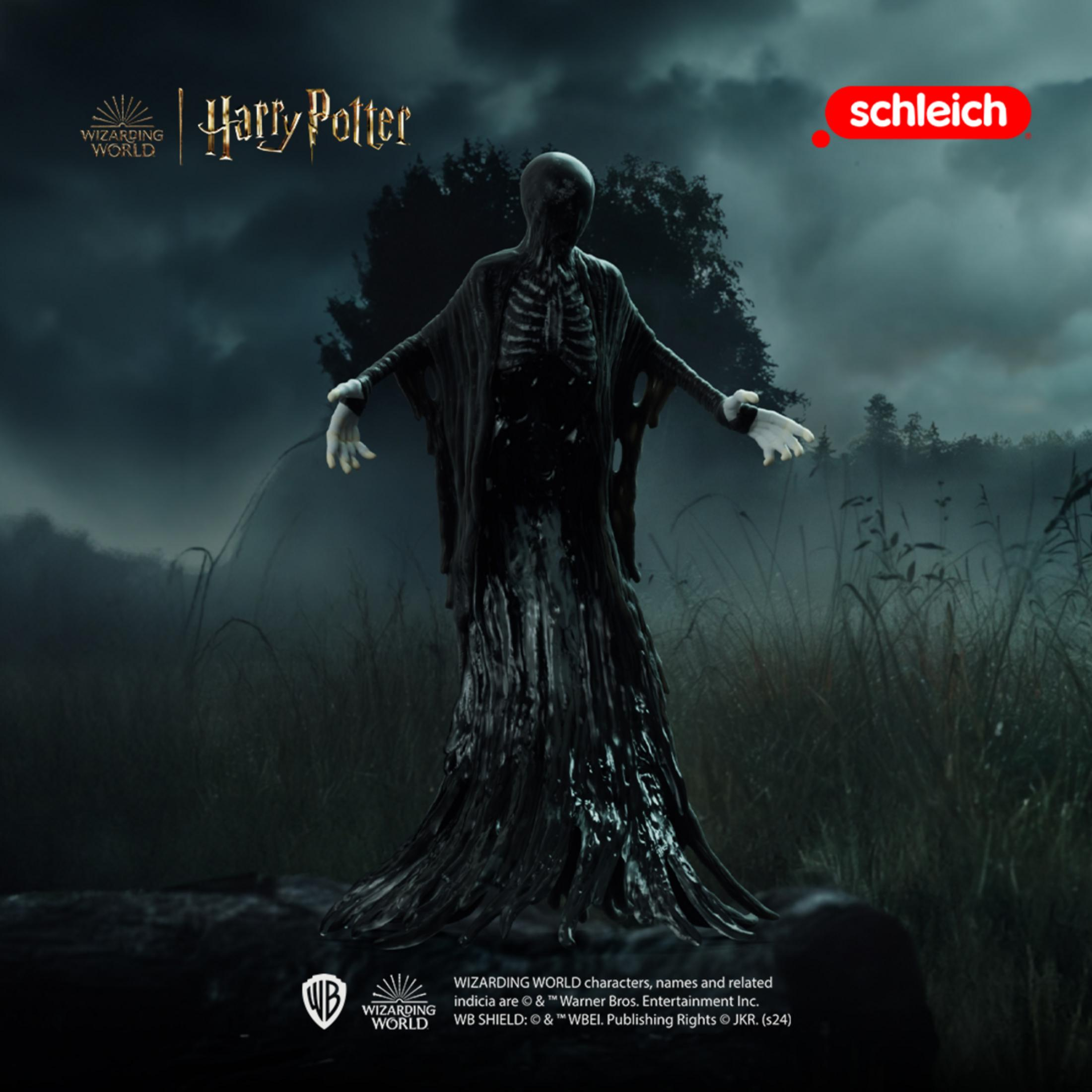 Una figura di Dissennatore di Harry Potter si erge in un campo scuro e nebbioso con alberi.