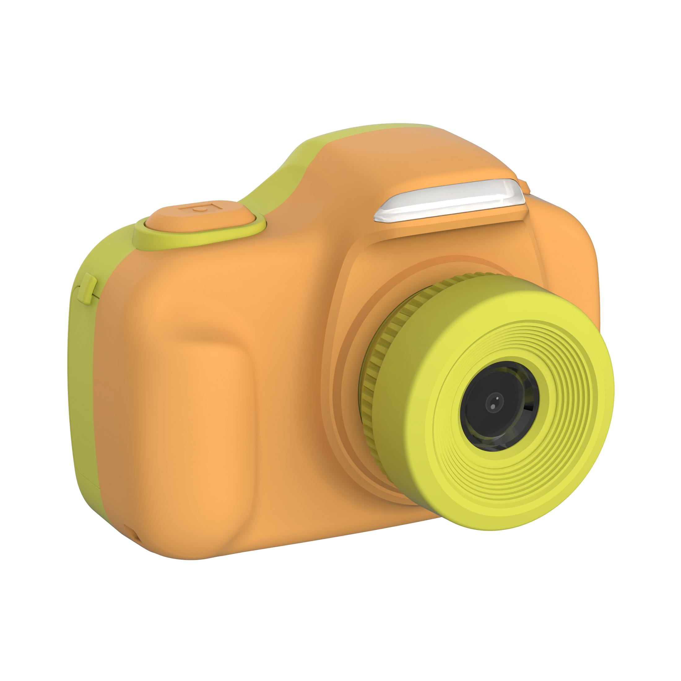 Eine orangefarbene und hellgrüne Digitalkamera mit einem Objektiv.