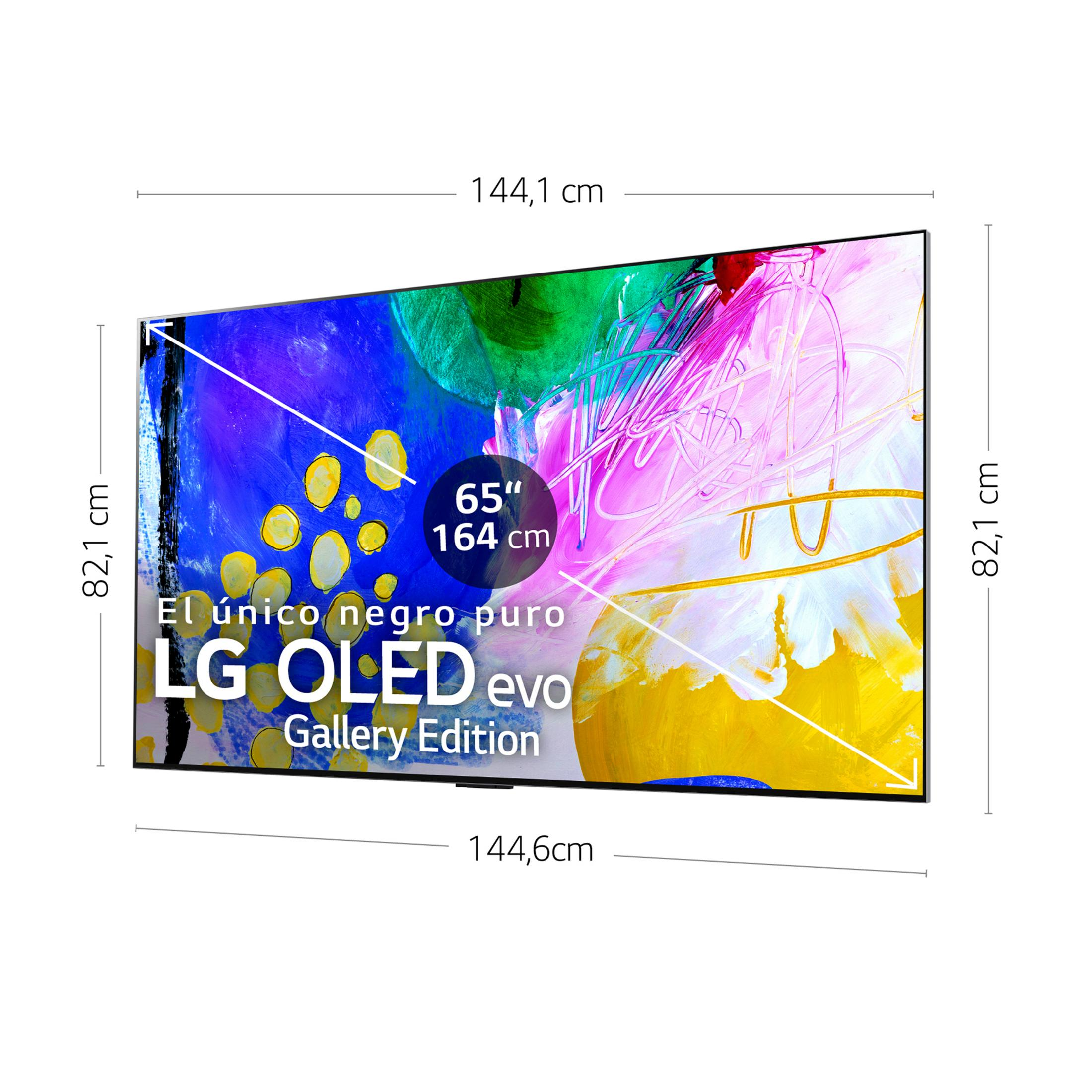 Ein 65-Zoll-LG-OLED-evo-Fernseher mit abstrakter Kunst, 144,1 cm breit.